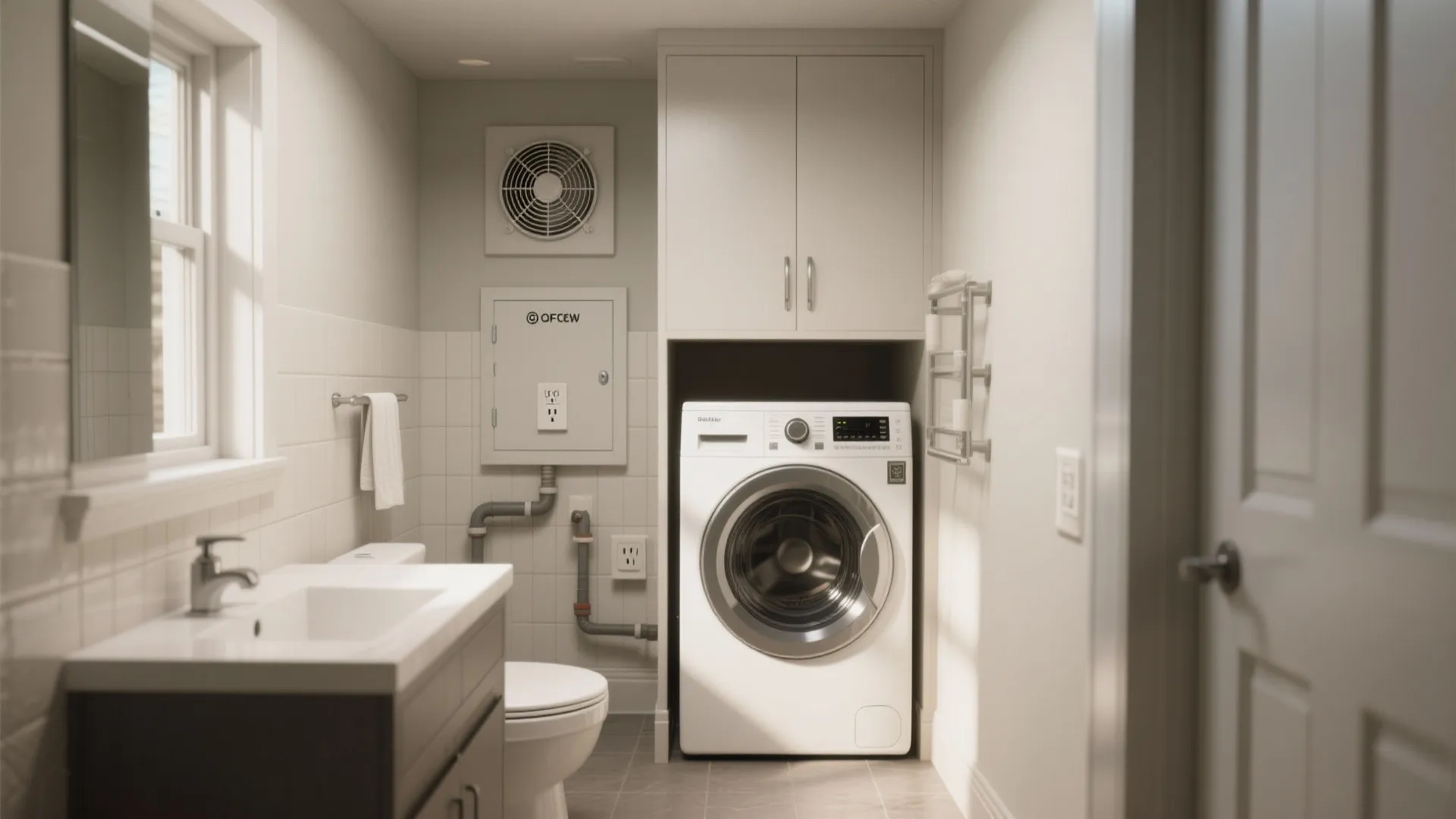 Modern bathroom laundry combo featuring white washing machine under cabinet beside small sink and white toilet