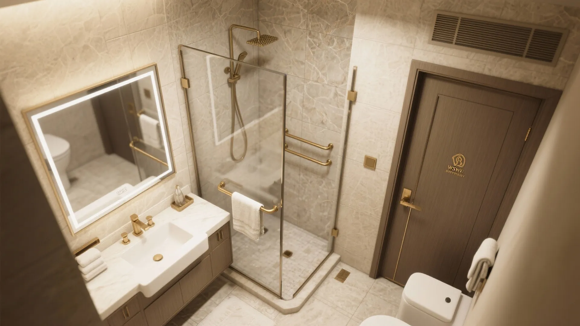 Top view of modern bathroom layout featuring glass shower sink with mirror and wooden door