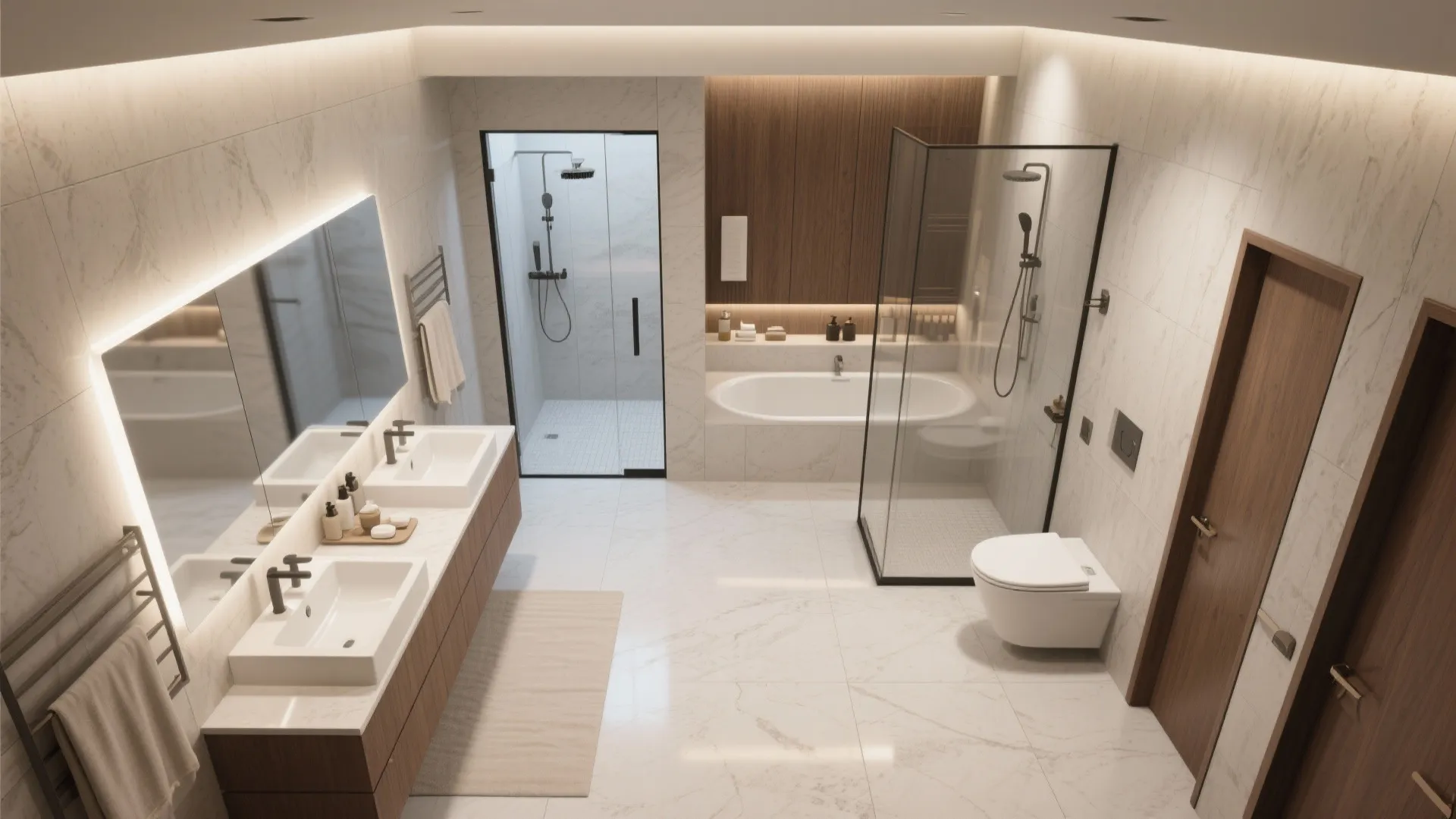 Modern bathroom with double sink cabinet shower stall bathtub white toilet and grey marble tile floor