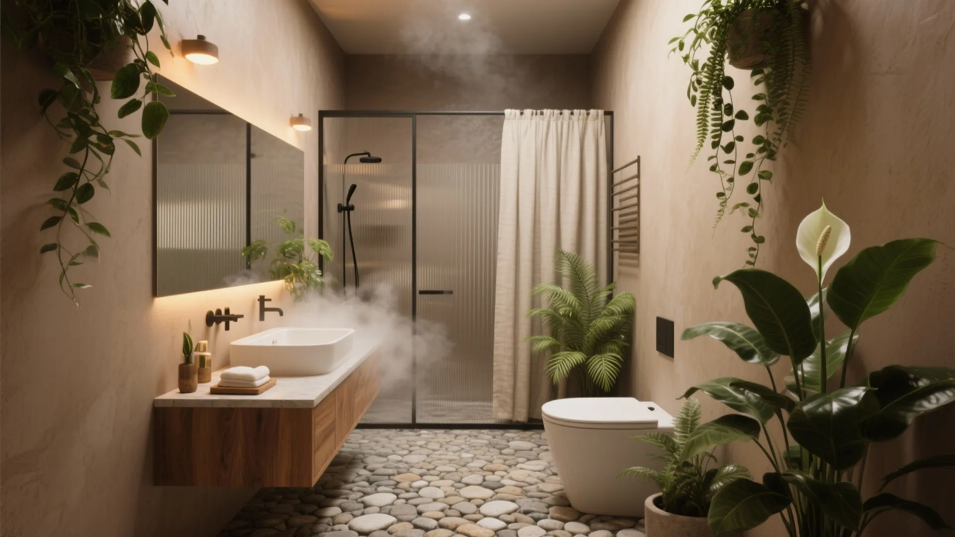 Tropical bathroom with pebble floor green plants wooden cabinet glass shower door and warm wall lights