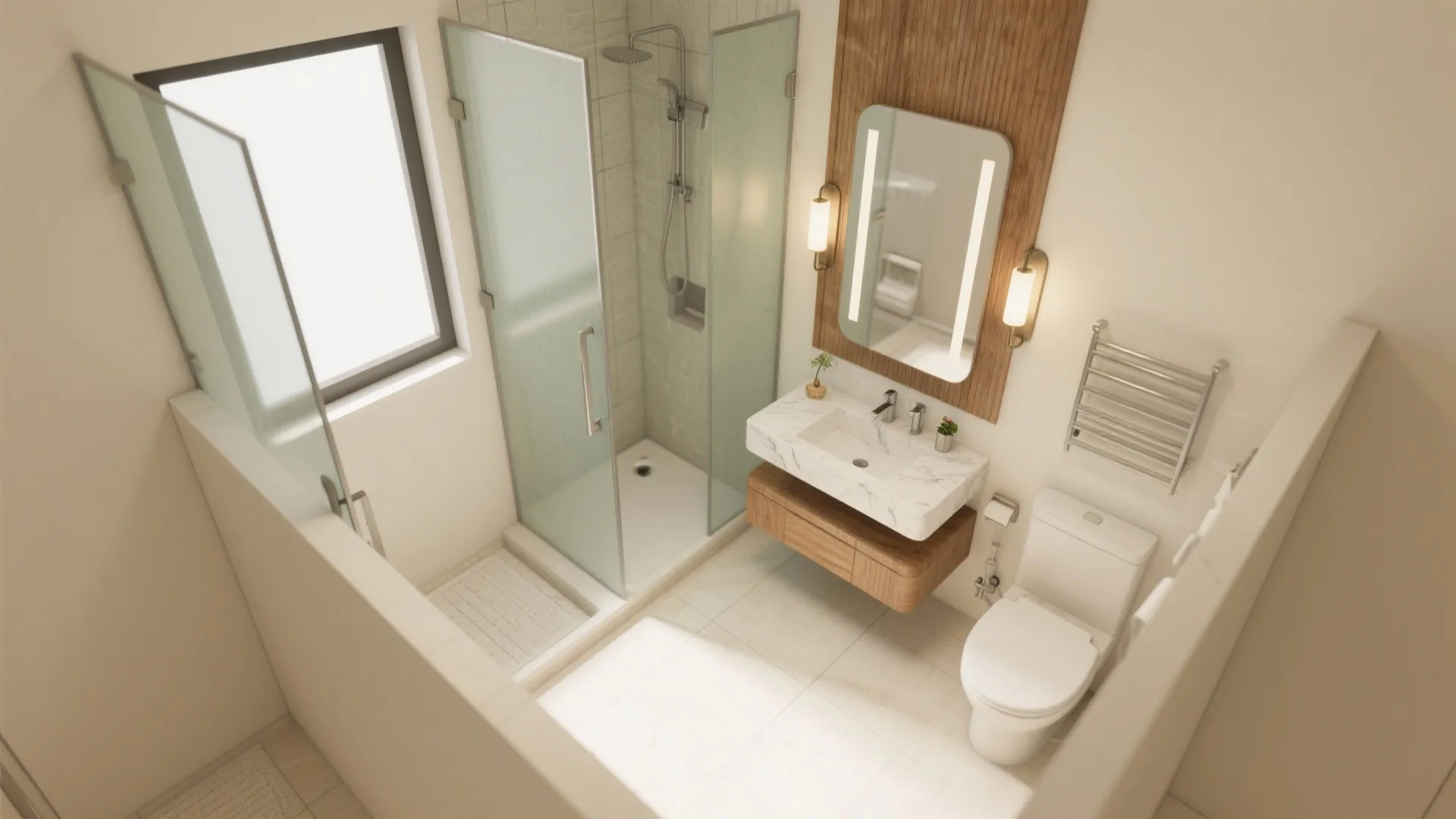 Interior design drawing of small bathroom featuring glass shower, white toilet, and wooden sink cabinet unit