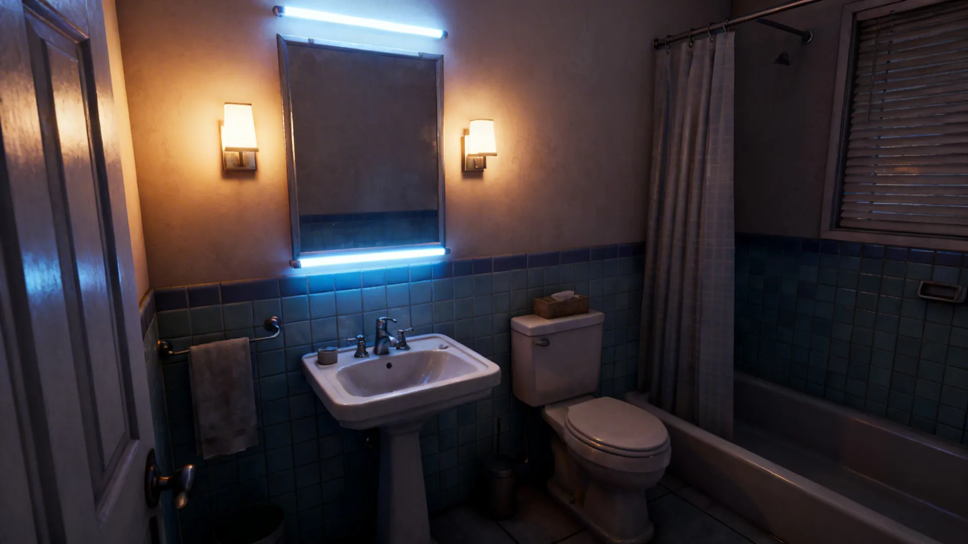 Budget-friendly bathroom refresh with layered lighting and moisture-resistant finishes in a rental unit