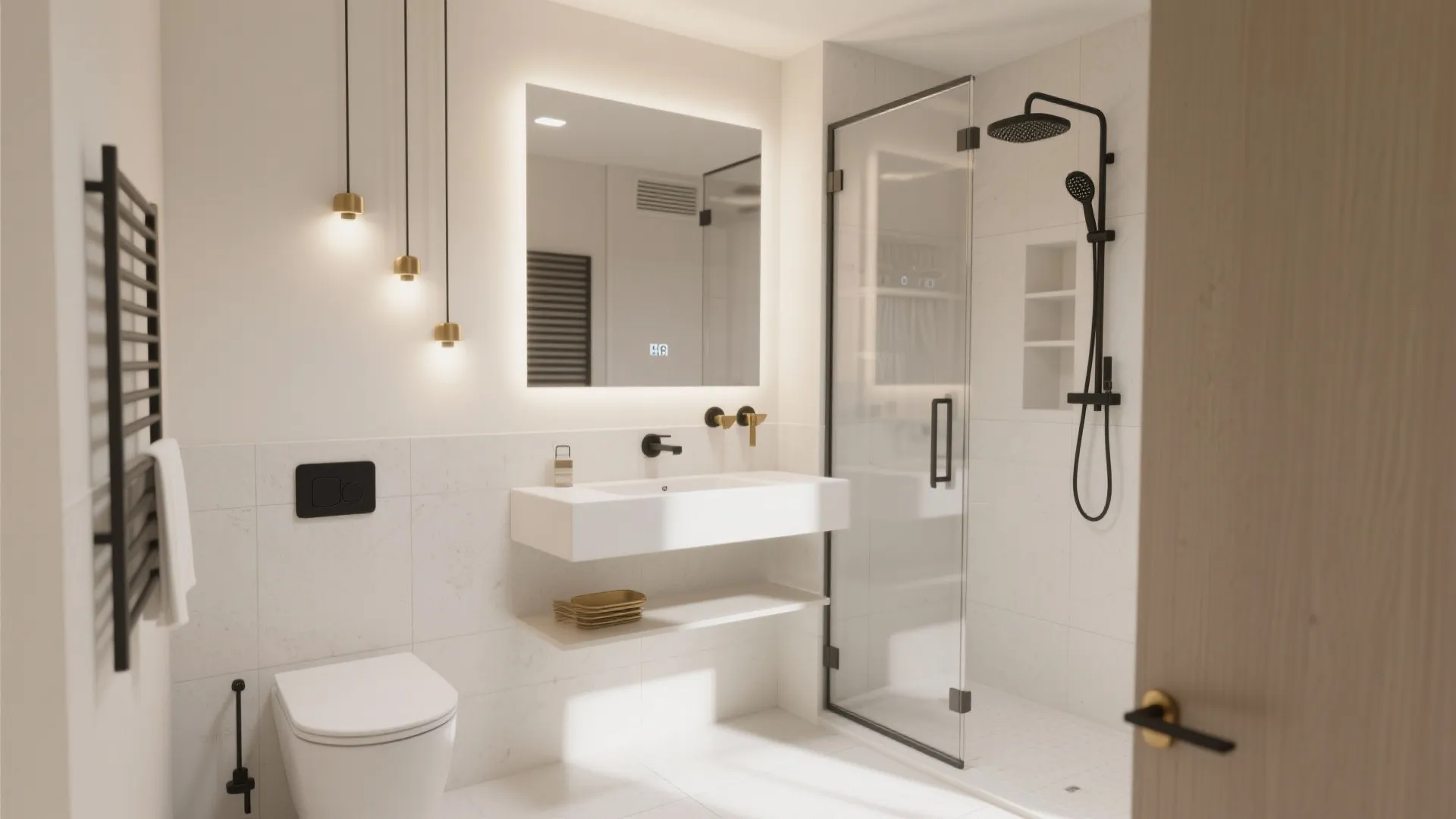 Small bathroom showing large mirror, layered lighting, floating fixtures, and ventilation solutions