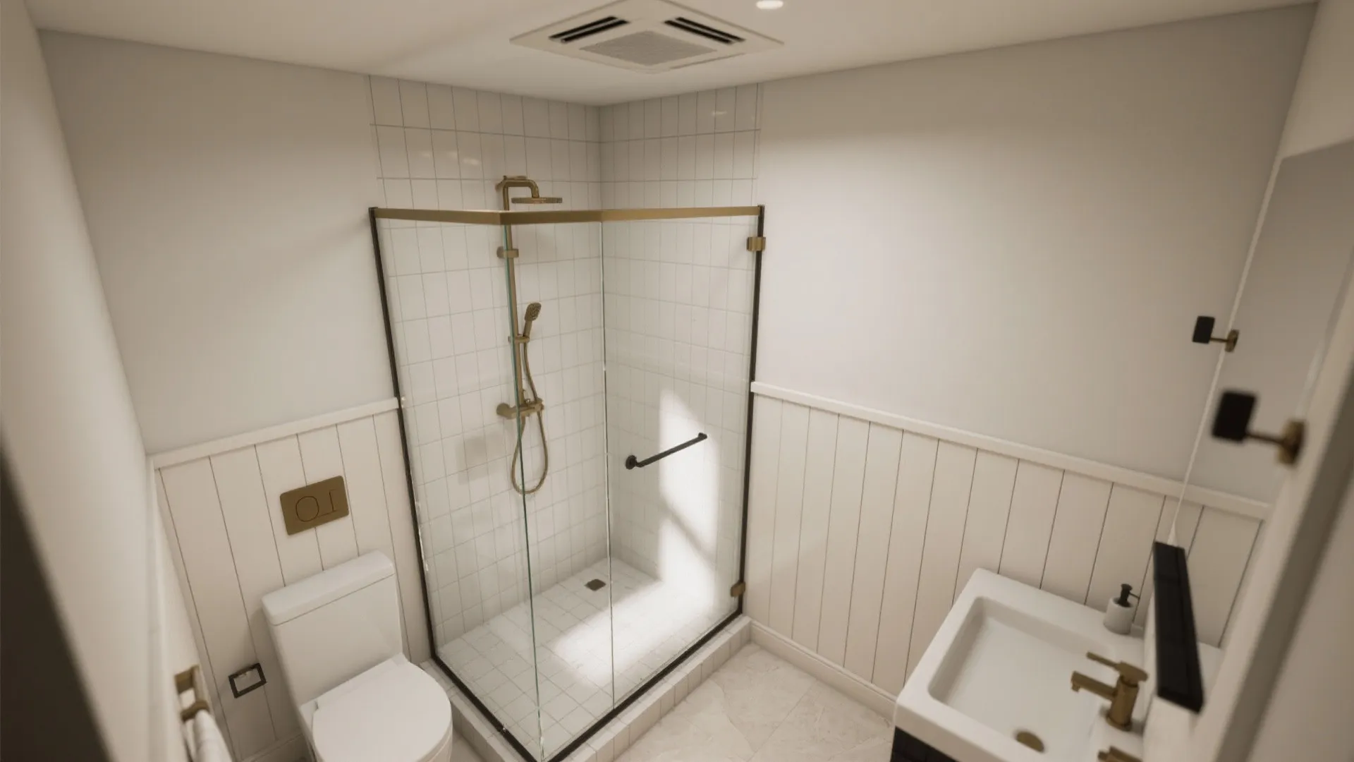 Small bathroom with white toilet glass shower gold fixtures white wall panel and white floor