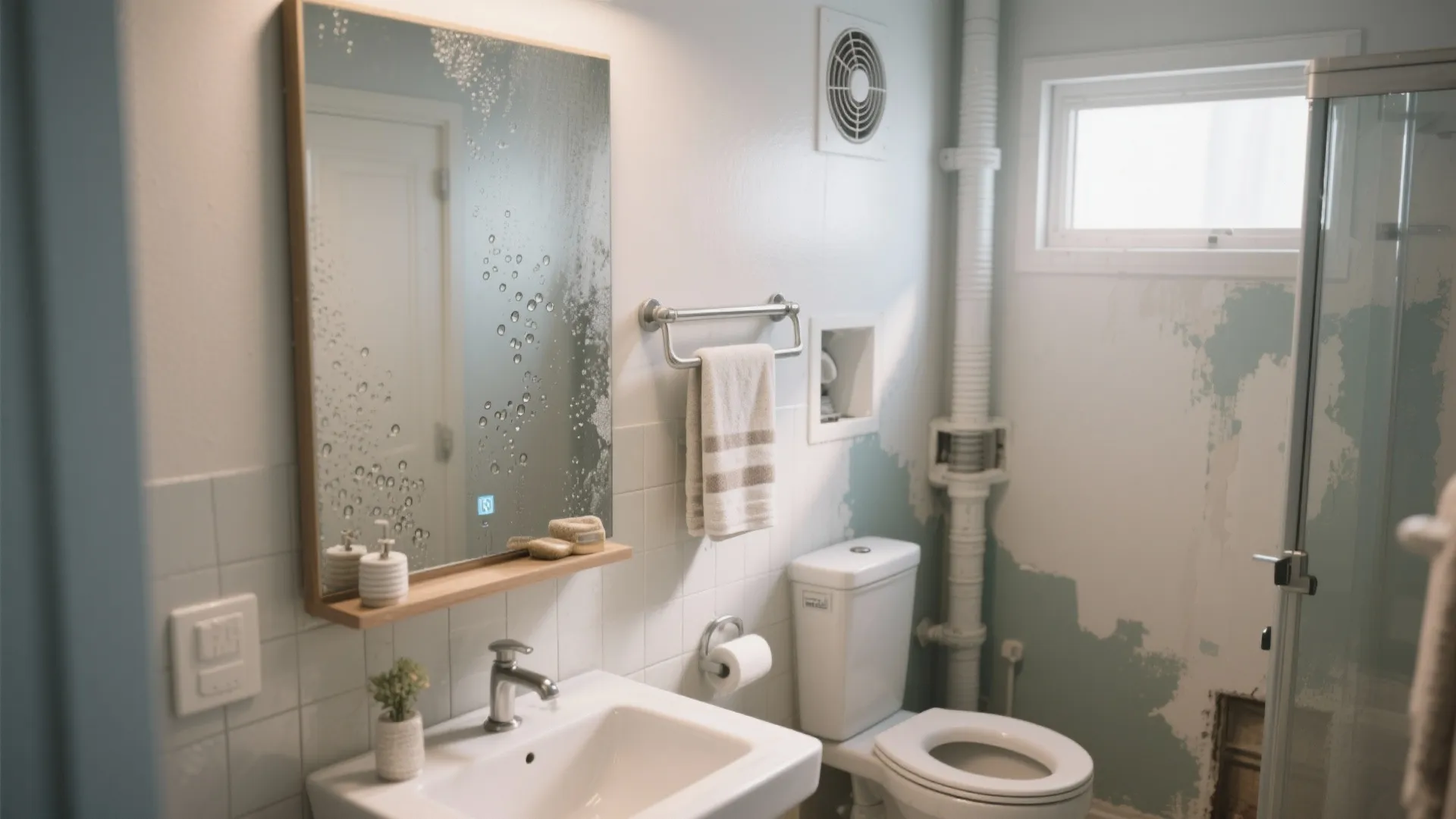 Small bathroom showing fogged mirror over sink with toilet and white tiles with some paint damage