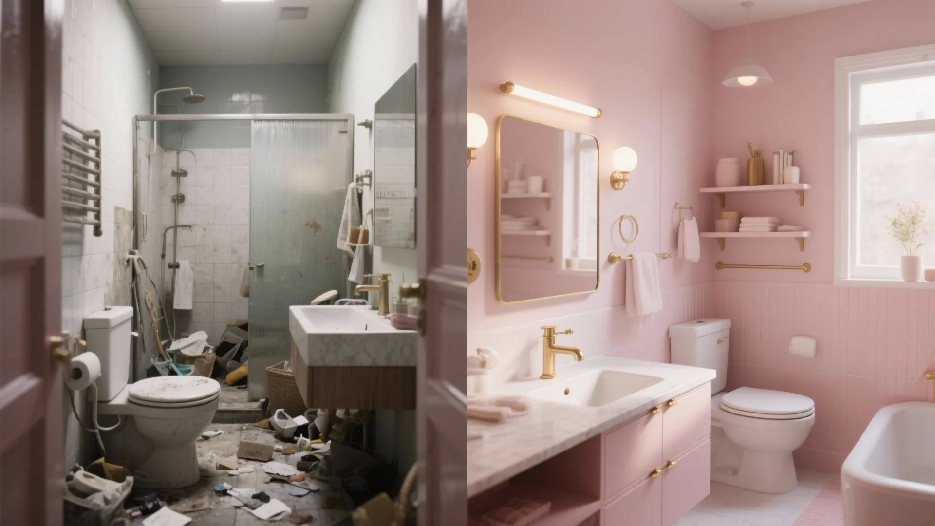 Before and after comparison showing a messy old bathroom versus a clean pink modern bathroom