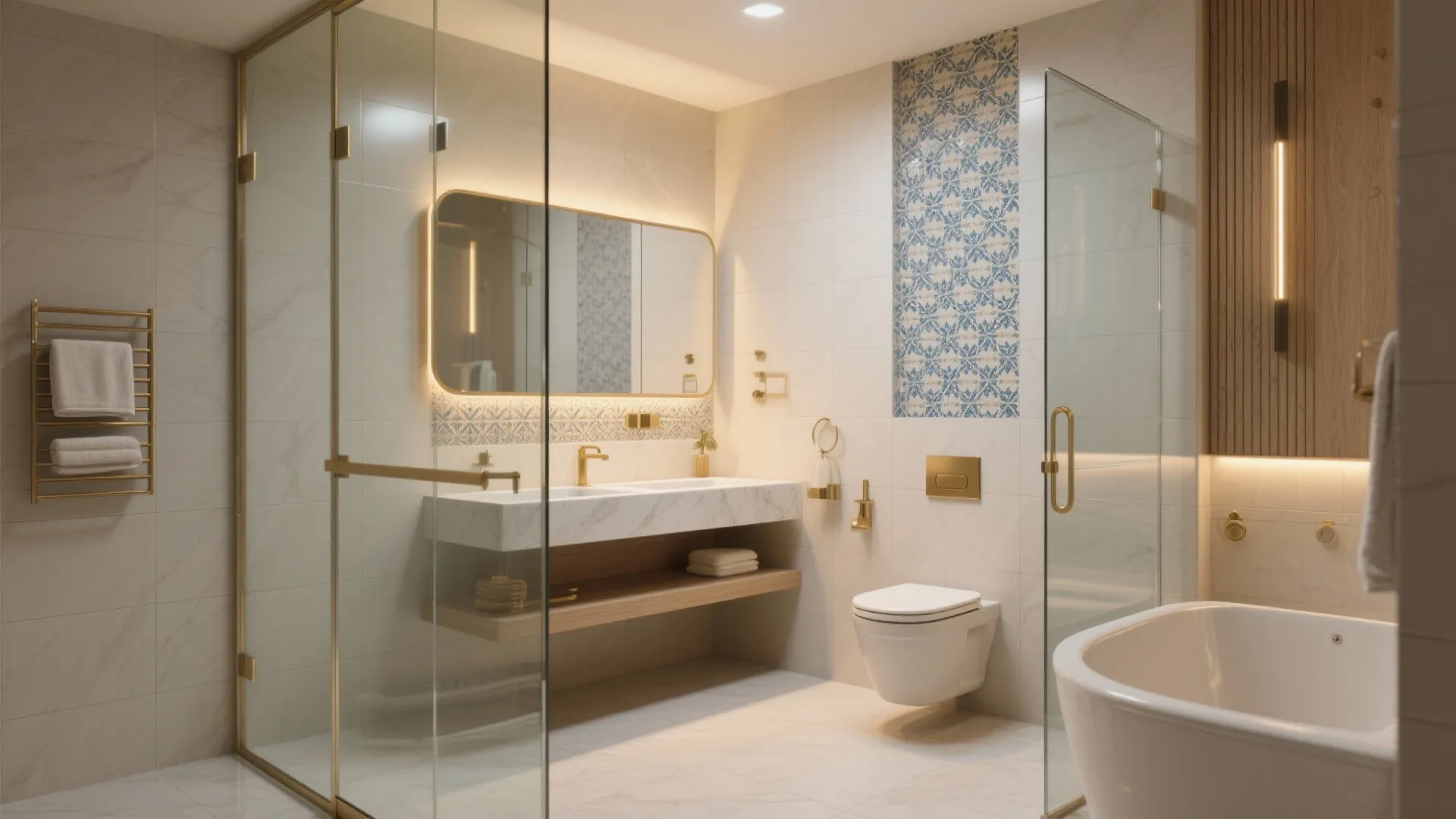 Modern white bathroom with marble sink glass shower gold fixtures wall toilet and patterned wall tiles
