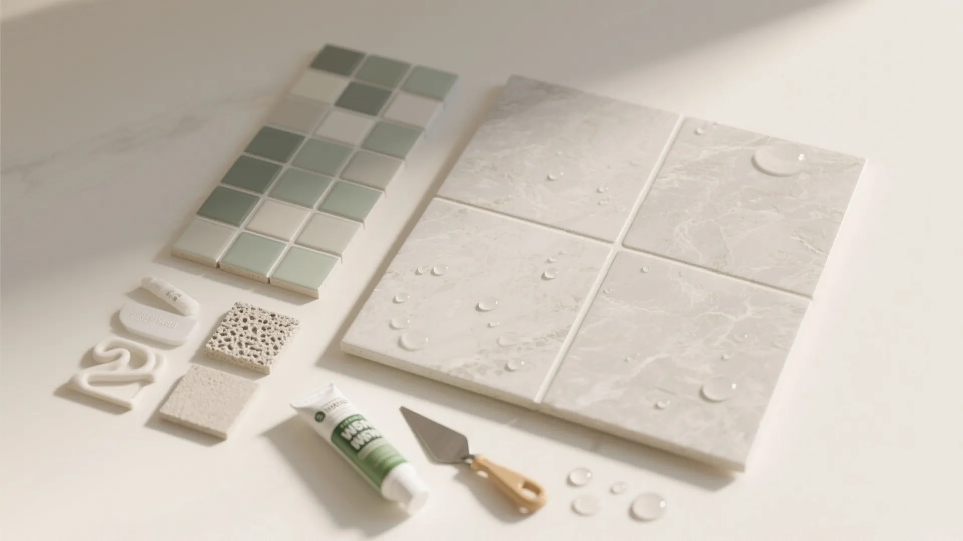 Selection of green and beige bathroom floor tiles with water droplets on a white surface background