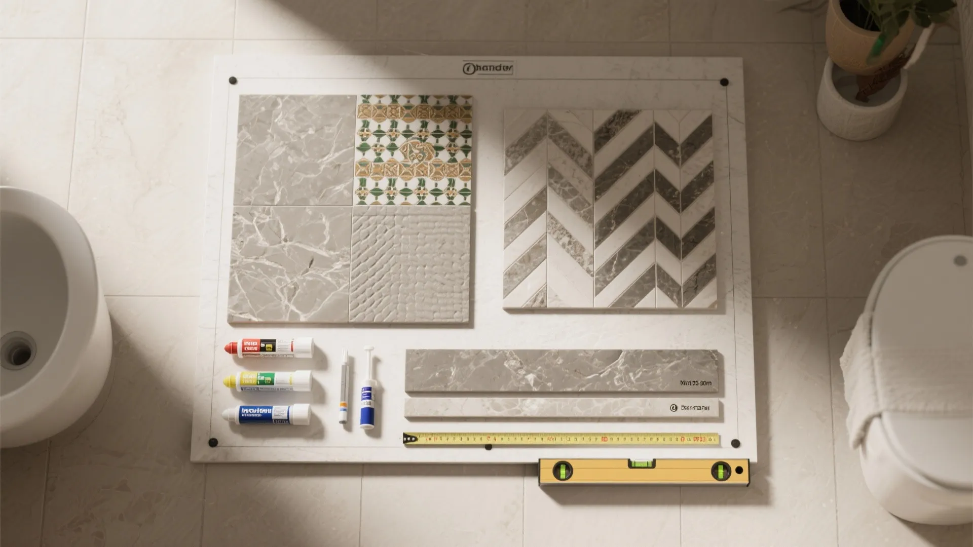 Top view of various bathroom floor tiles markers tape measure and yellow level on white board