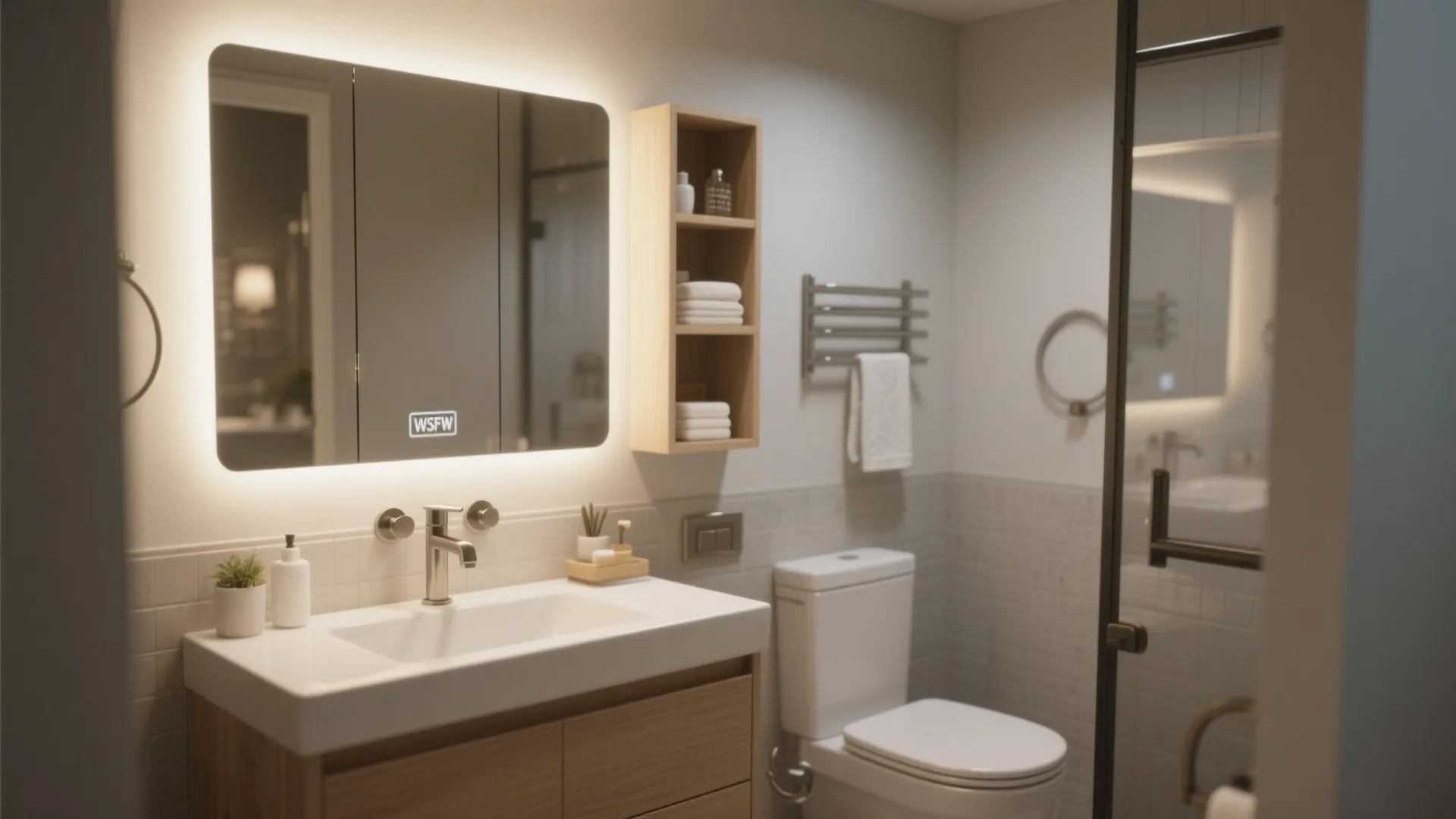 Modern bathroom with lighted mirror white sink wooden cabinet toilet and small shelf with towels