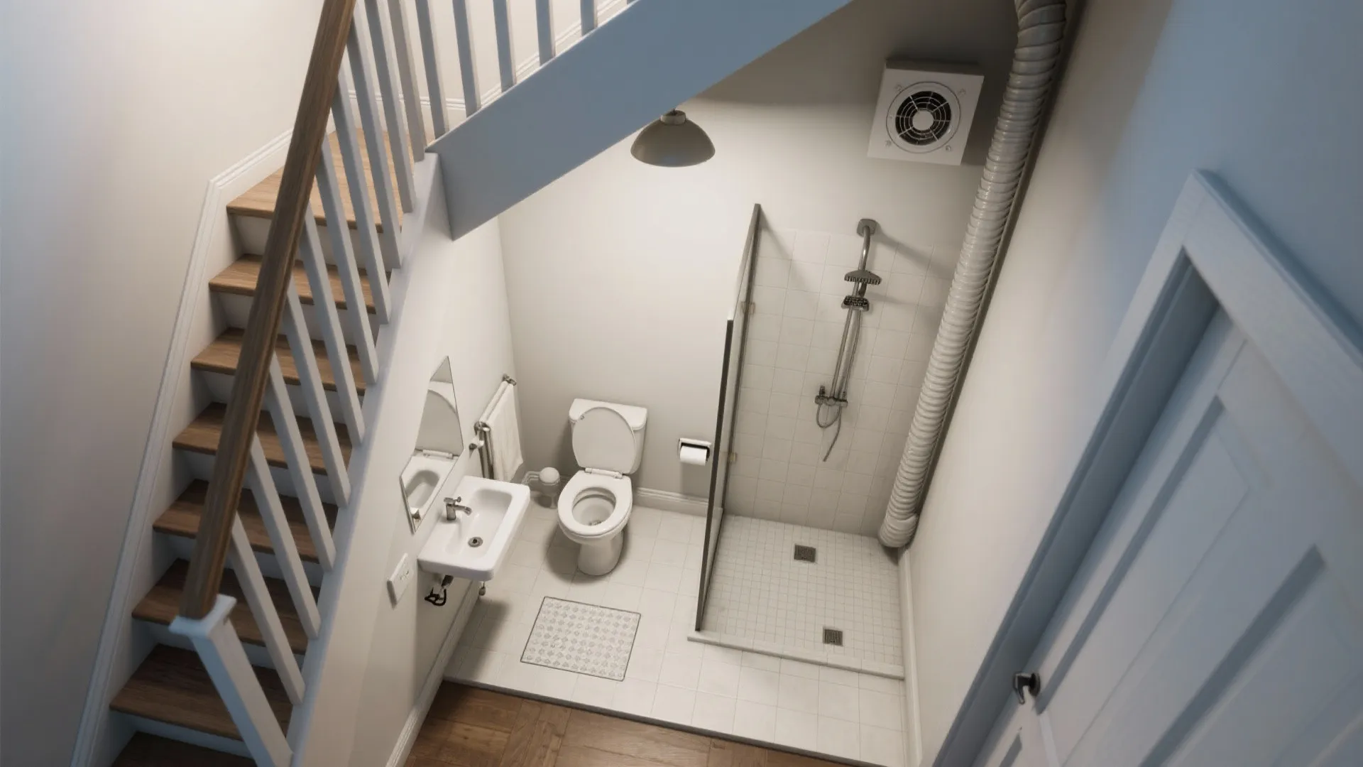 Top view of small bathroom under stairs with toilet white sink shower area and ceiling light