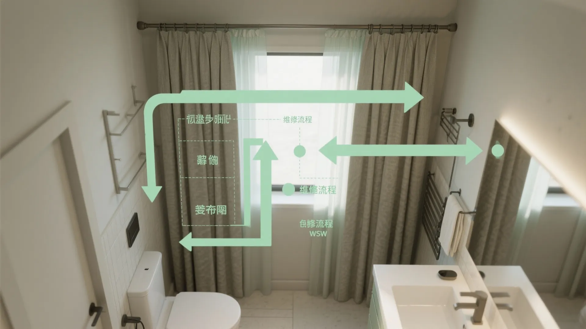 Modern bathroom interior design showing toilet sink window and curtains with green flow arrows indicating layout