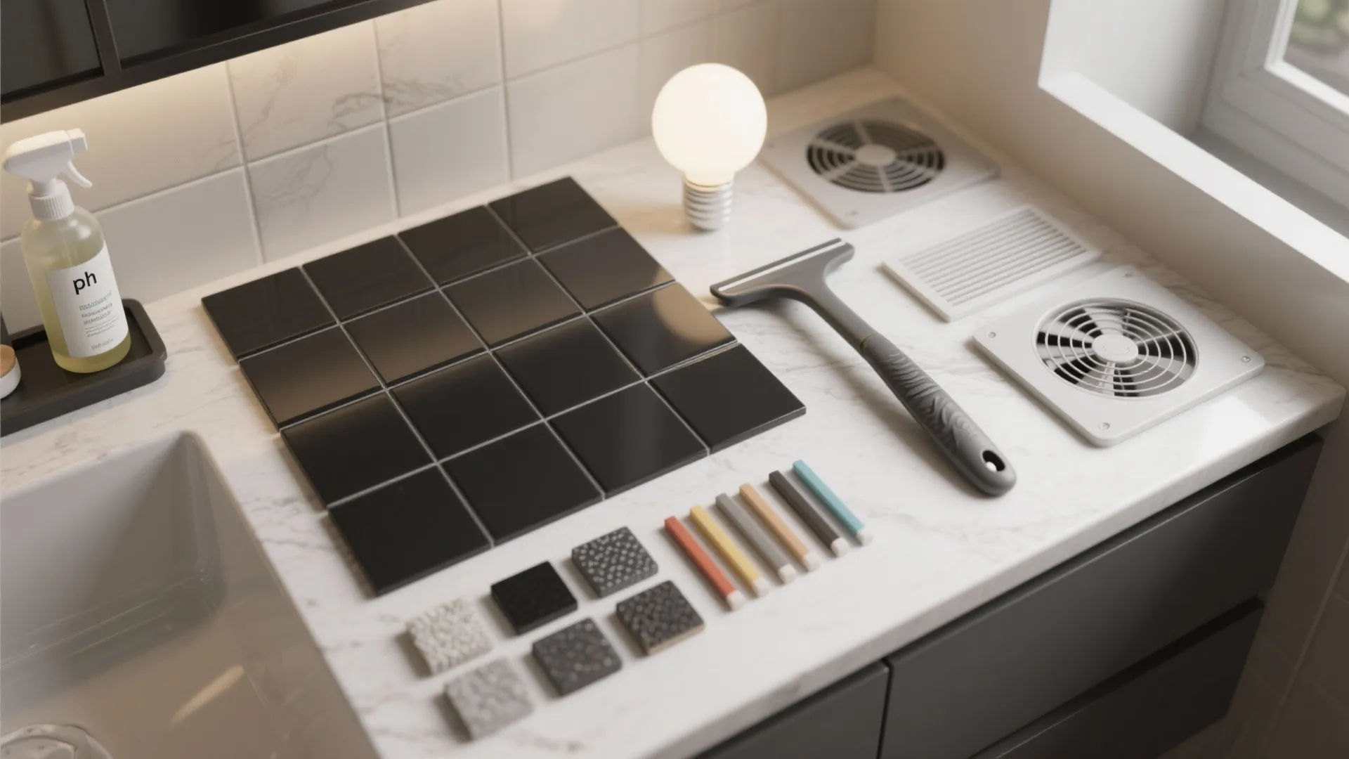 Selection of black square tiles grout samples and bathroom accessories on a white marble counter top
