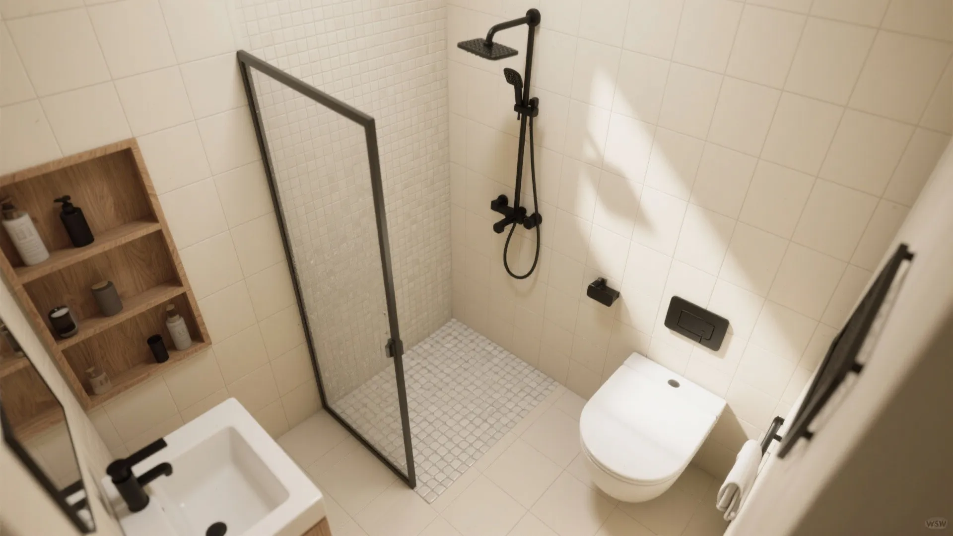 Modern small bathroom with black shower head, white toilet, glass door, and wooden wall shelves