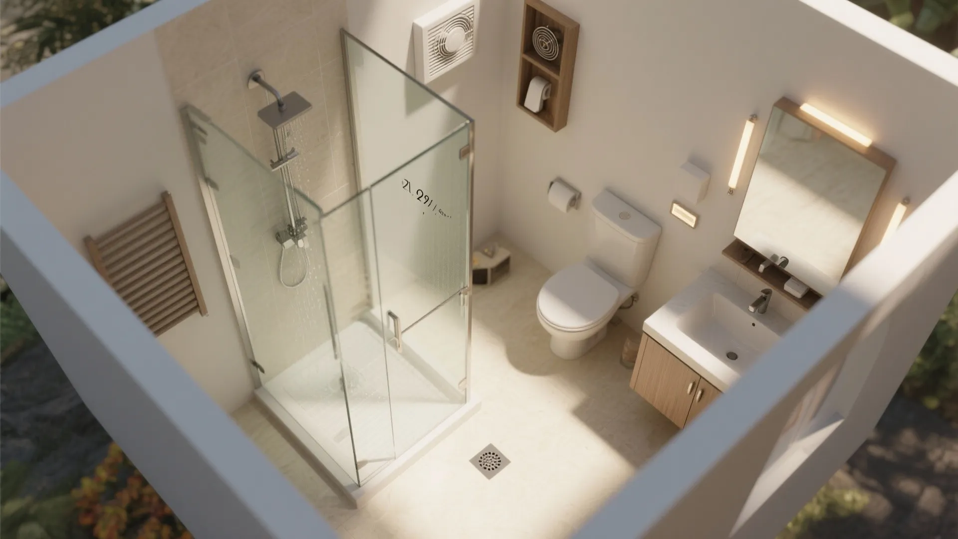 Top-down plan of a tiny bathroom showing wet-dry zones, floor slope to a corner drain, and exhaust placement.