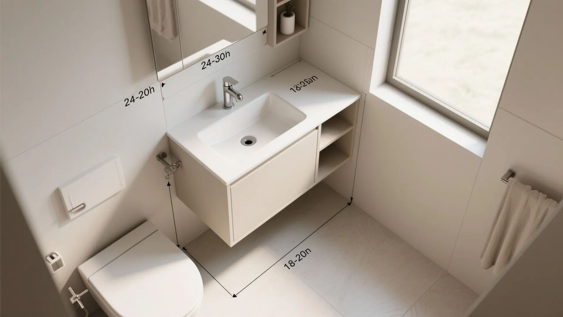 Top view of a small bathroom layout showing ideal measurements for toilet and sink cabinet placement