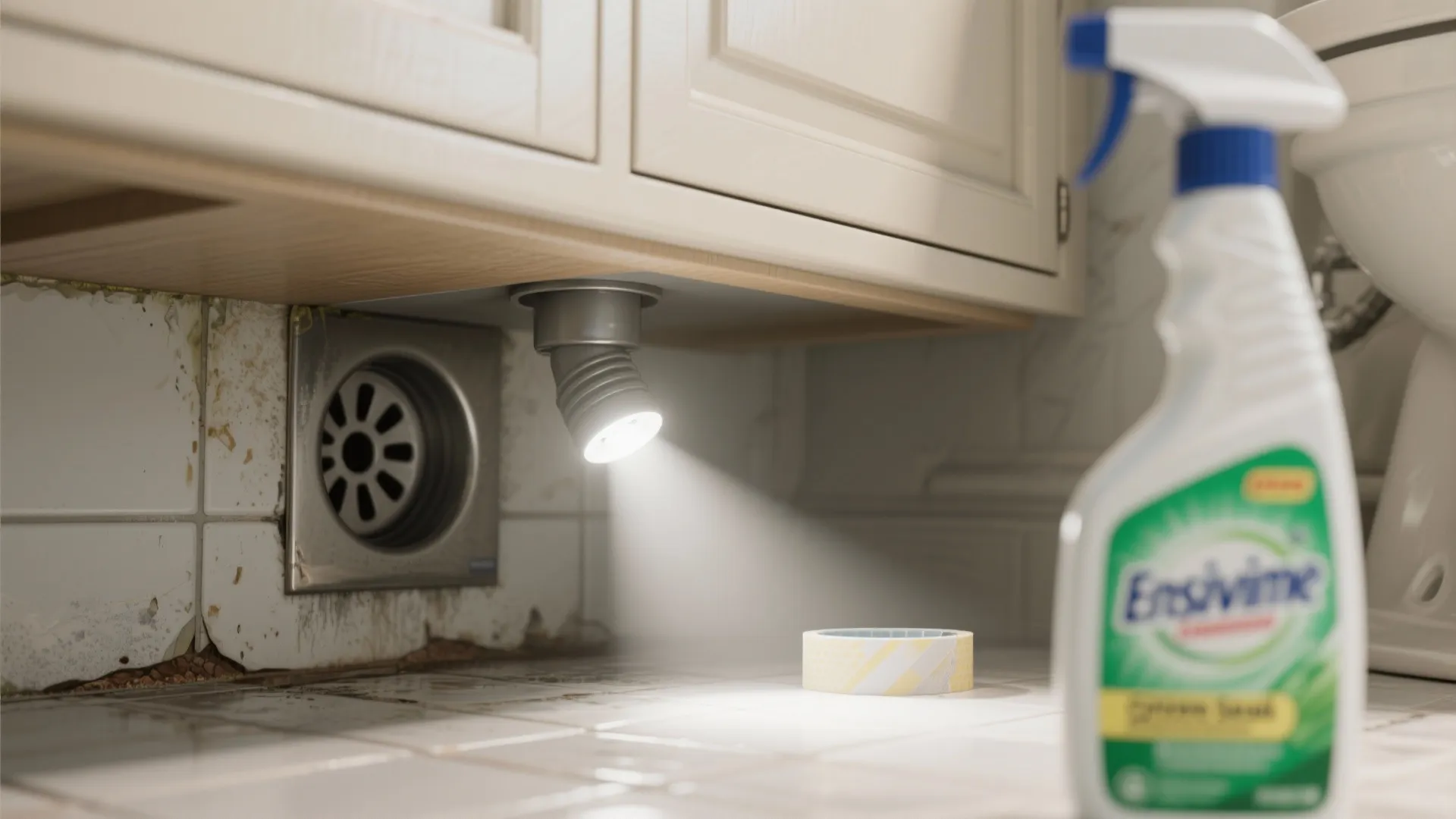 Flashlight shining under a white bathroom cabinet near a floor drain and cleaning spray bottle
