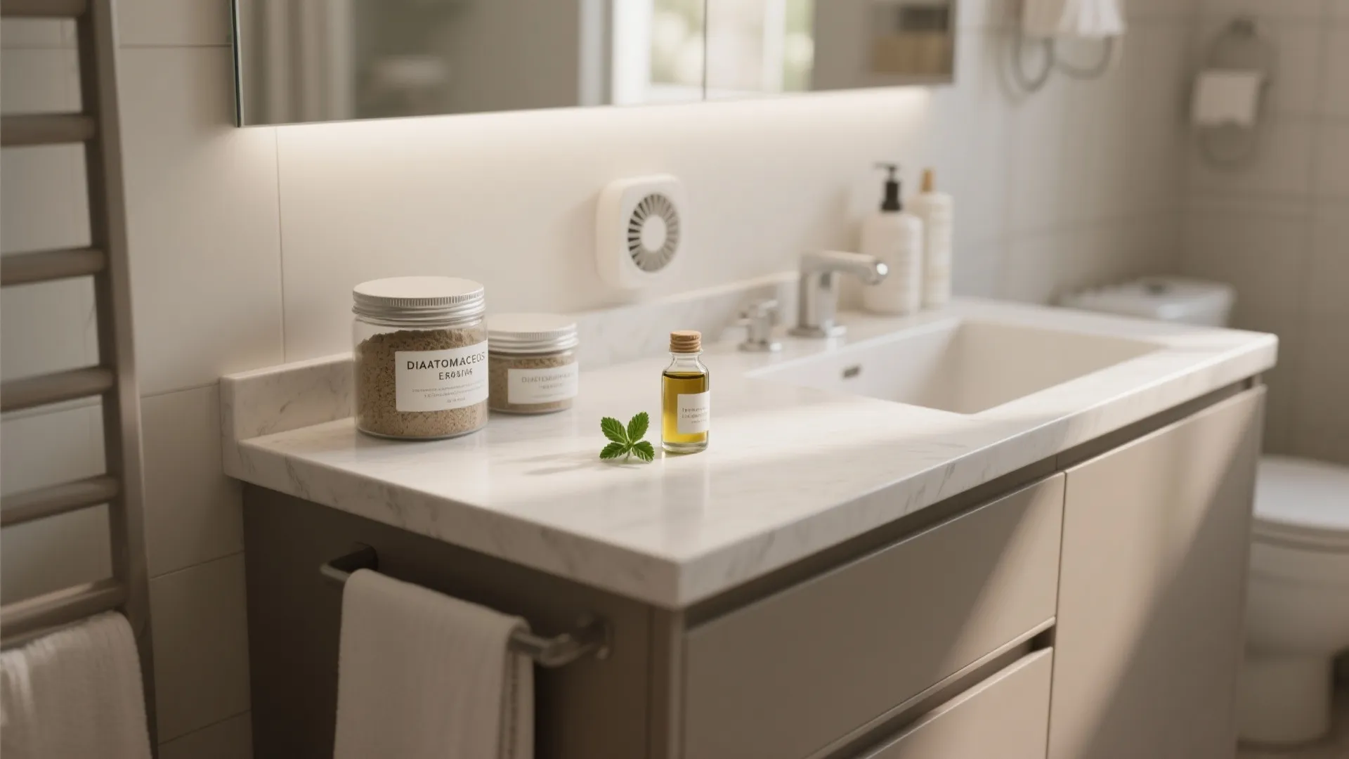 Bathroom cabinet with marble top holding jars of powder oil bottle and a small green leaf