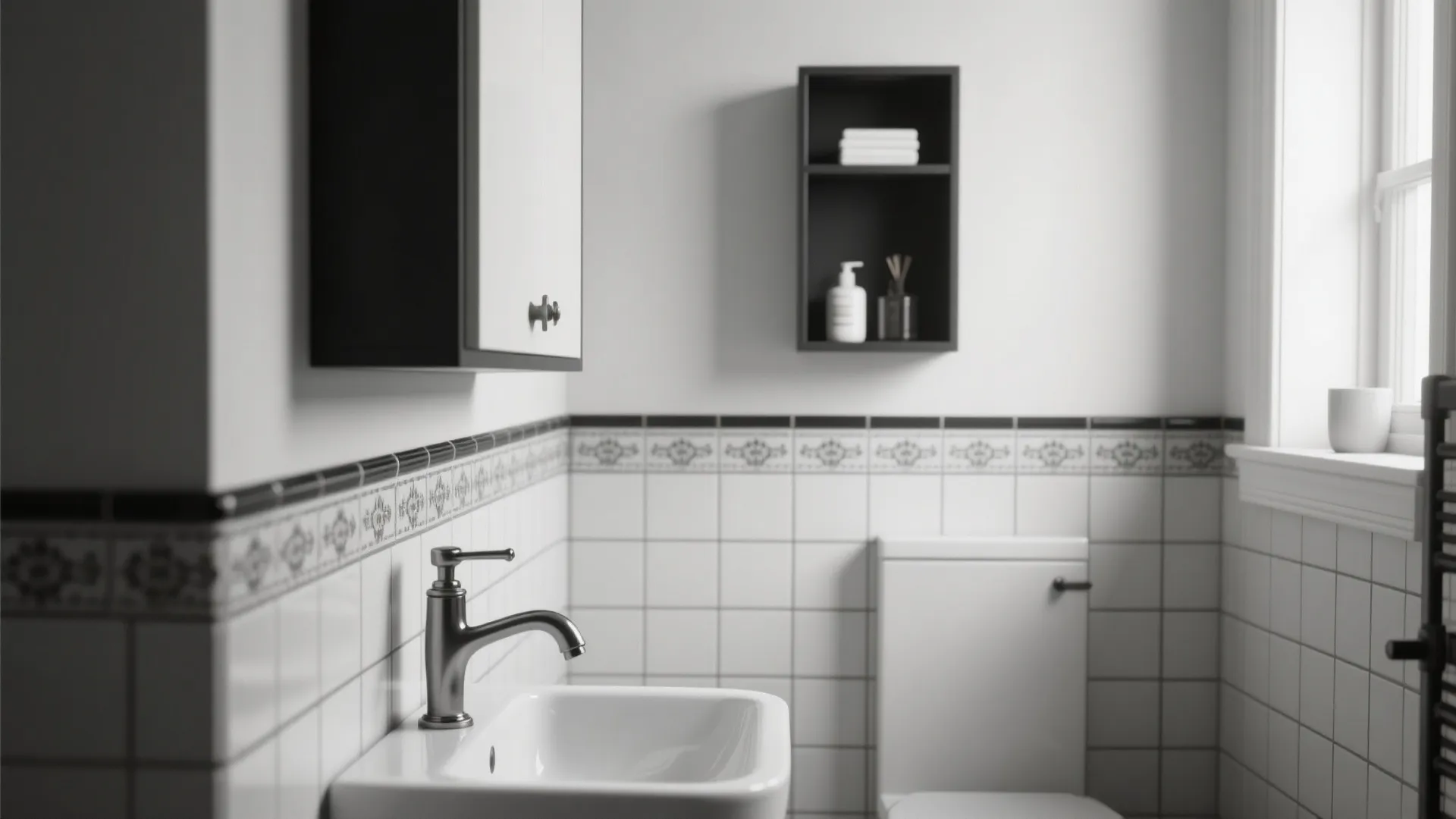 Small bathroom vignette showing balanced black-and-white tiles, minimal storage and modern fixtures.