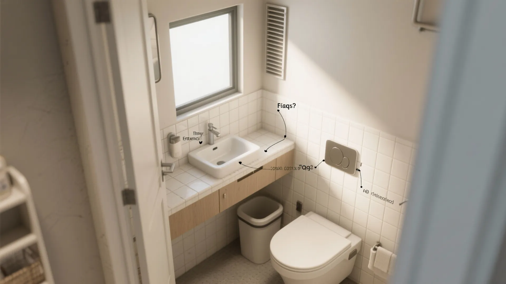 Tidy tiny bathroom with labeled zones and callouts showing sealed grout, closed bins, and vents for FAQs