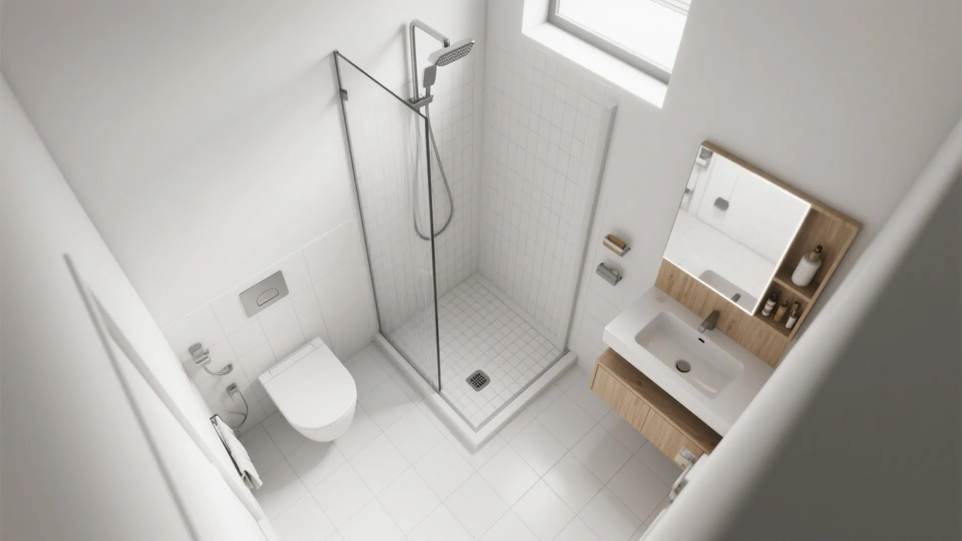 Modern white bathroom interior design drawing with shower glass door toilet and small wood cabinet