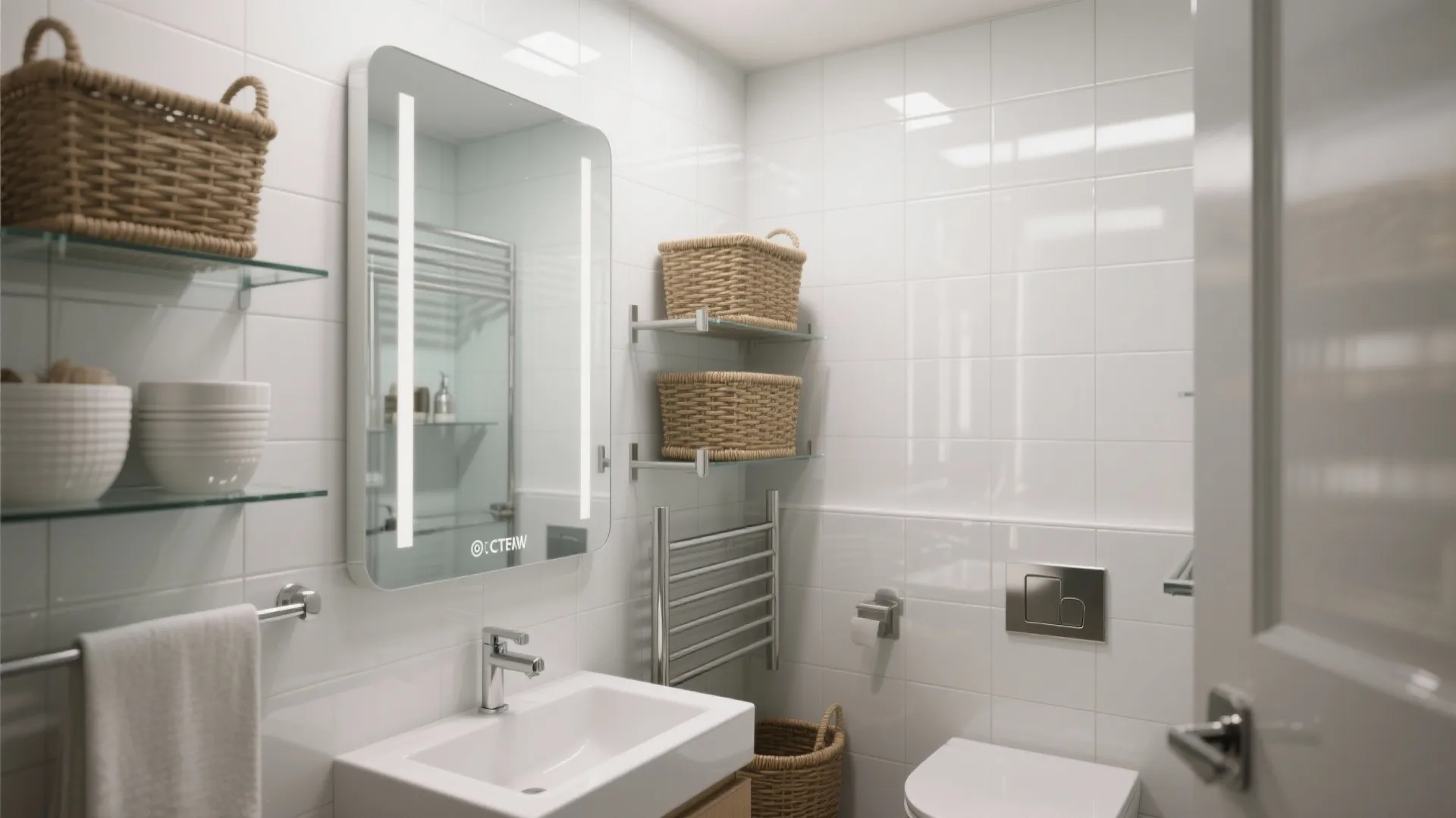 Modern white bathroom with lighted mirror white sink toilet glass shelves and woven storage baskets