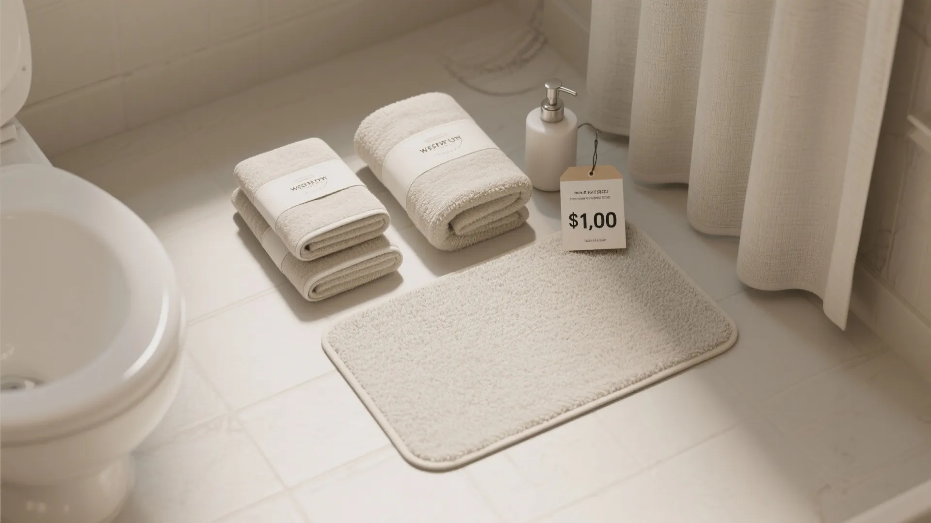 Top-down starter bathroom set with towels, bath mat, shower curtain swatch and soap dispenser showing a budget-friendly kit.