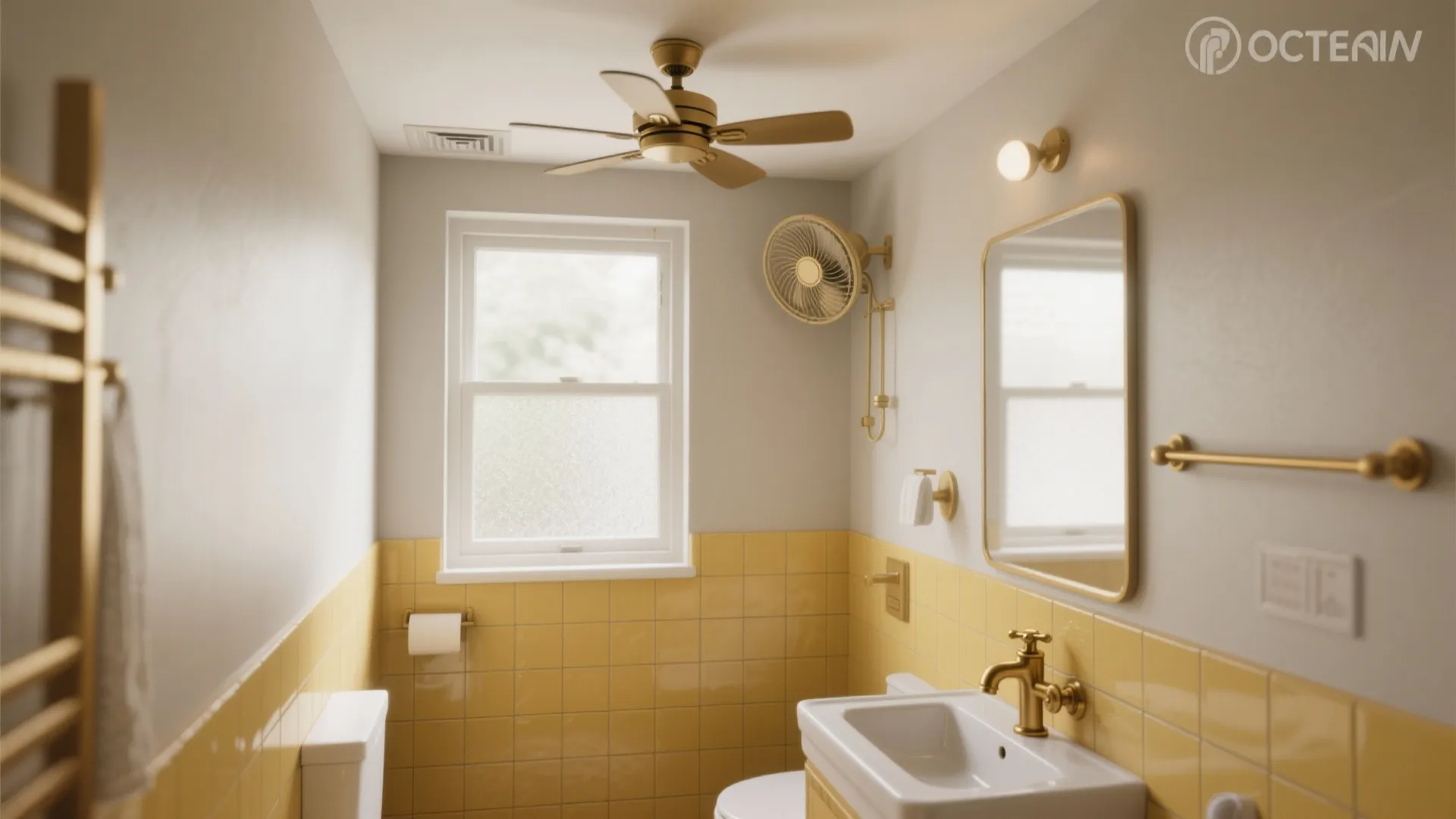 Small bathroom featuring yellow tiles white sink gold faucet ceiling fan mirror and a bright window