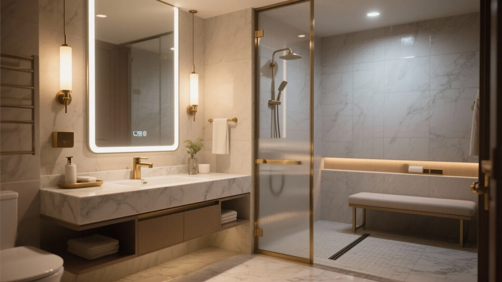 Modern bathroom interior design featuring white marble vanity gold faucet glass shower and luxury wall light