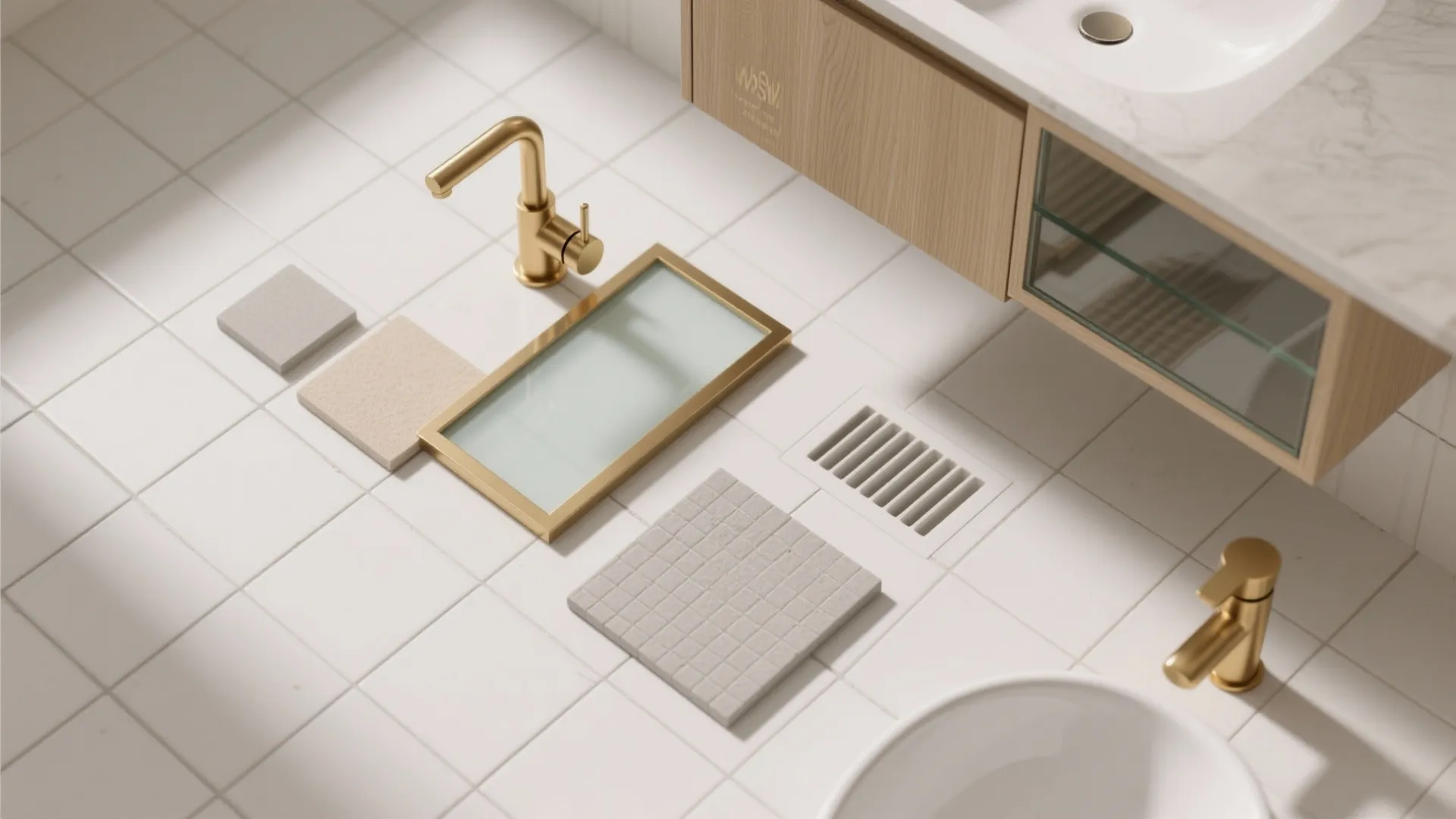 Modern bathroom sink with gold faucets wooden cabinet and several tile samples on white floor
