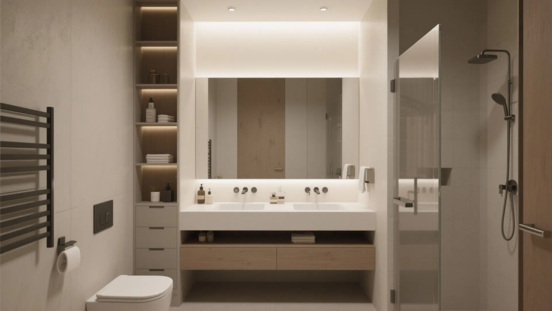 Bright bathroom interior design with double sink vanity and large mirror with integrated light strips