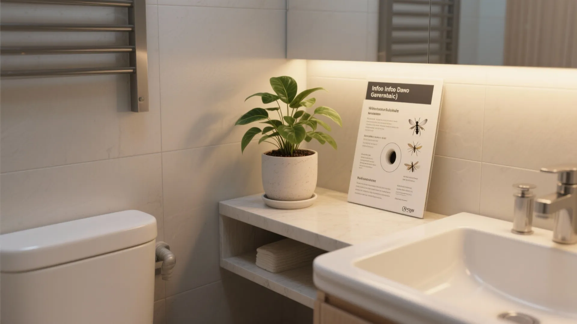 Bathroom counter with small green plant and information card about insects near a white sink area