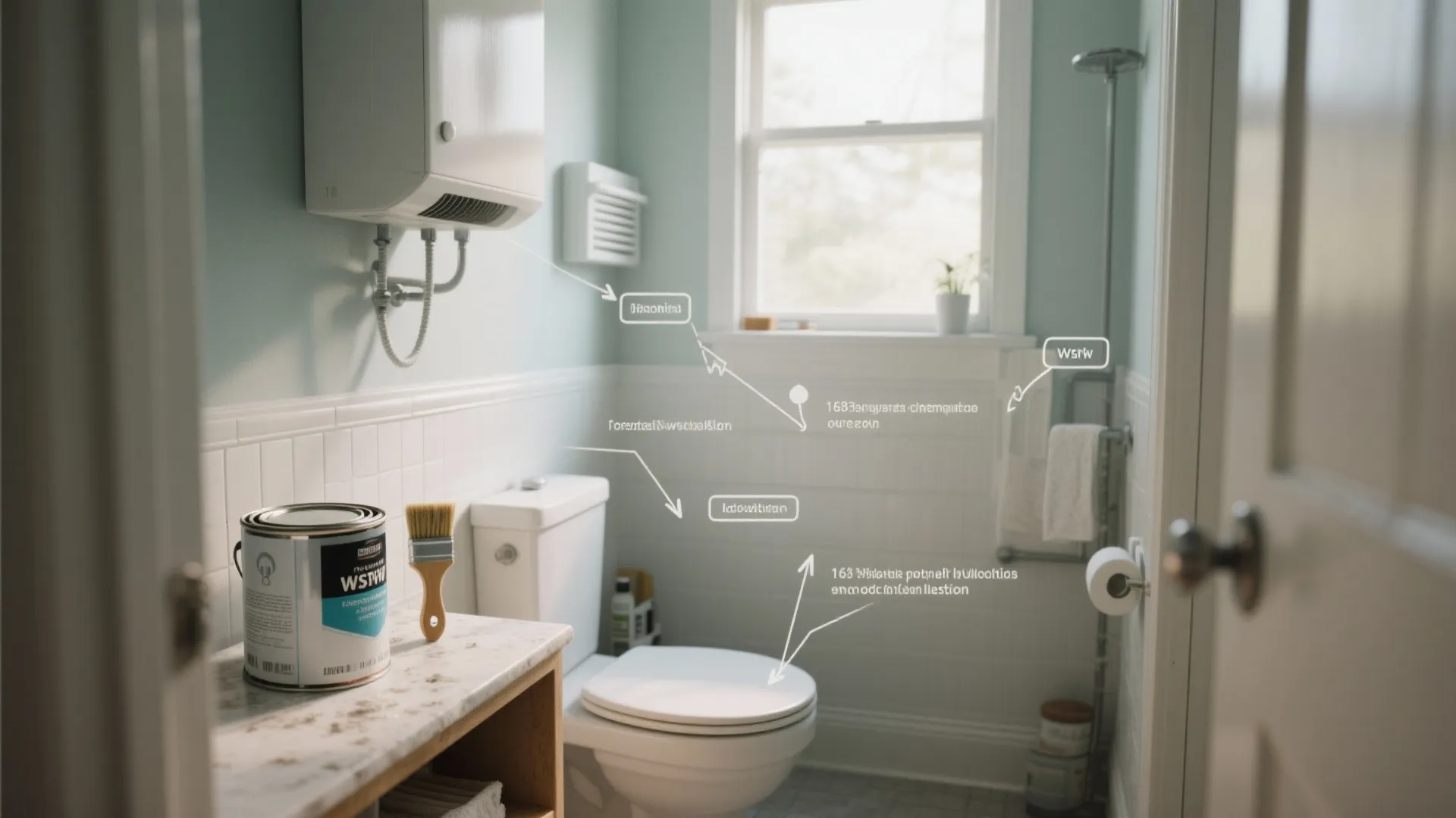 Small bathroom interior design showing white toilet paint can brush and labels for various features