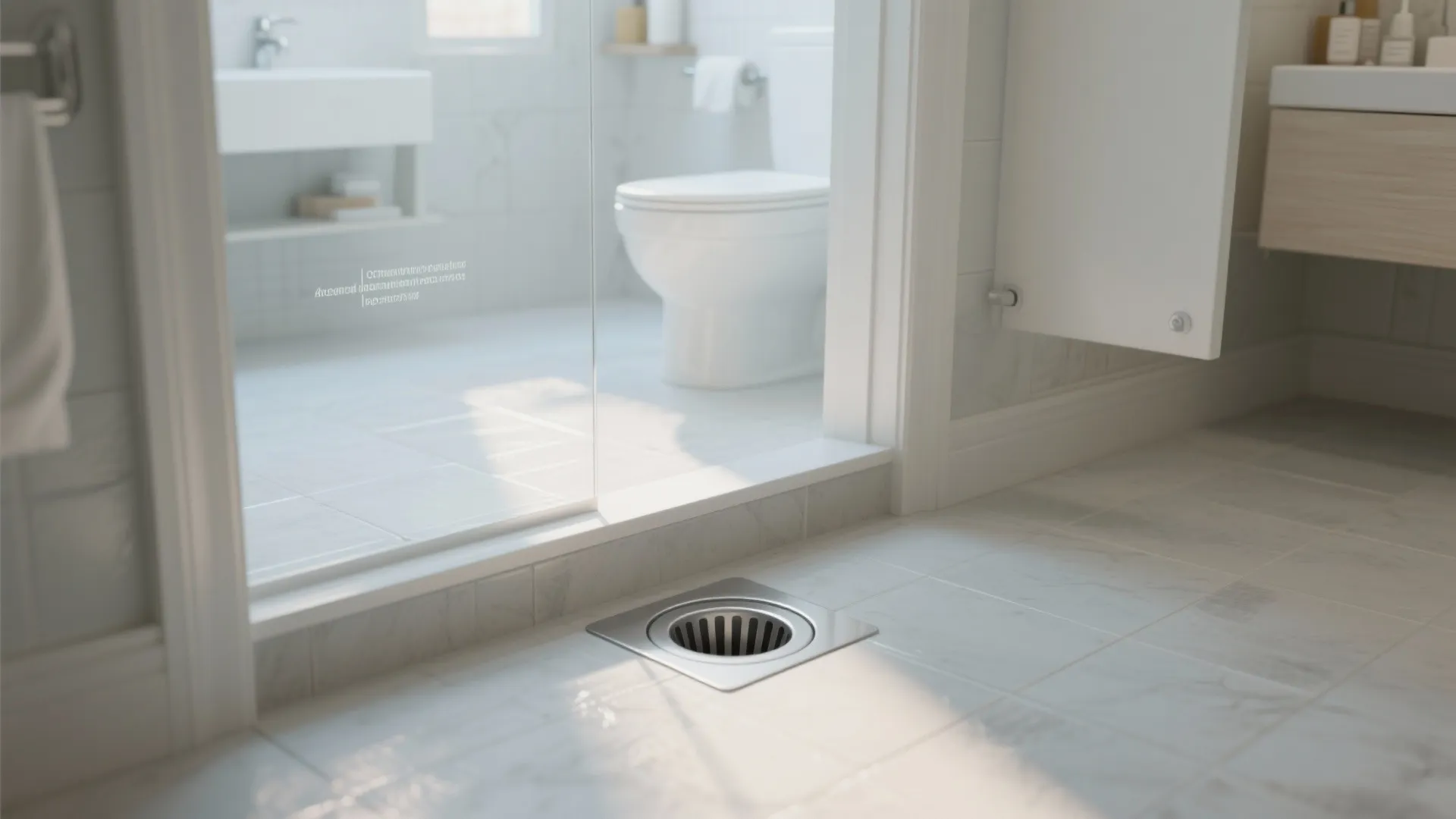 Modern bathroom with white tiles floor drain toilet and glass shower door in bright natural light