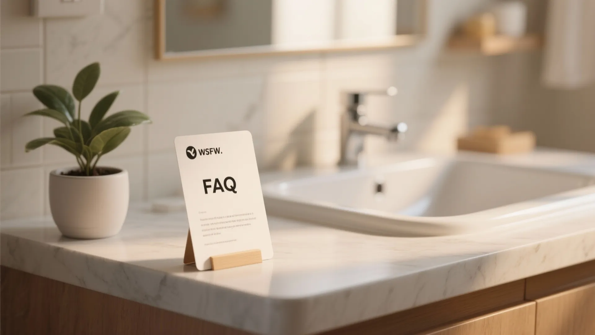 Modern bathroom counter with white sink a small green plant and an FAQ sign standing