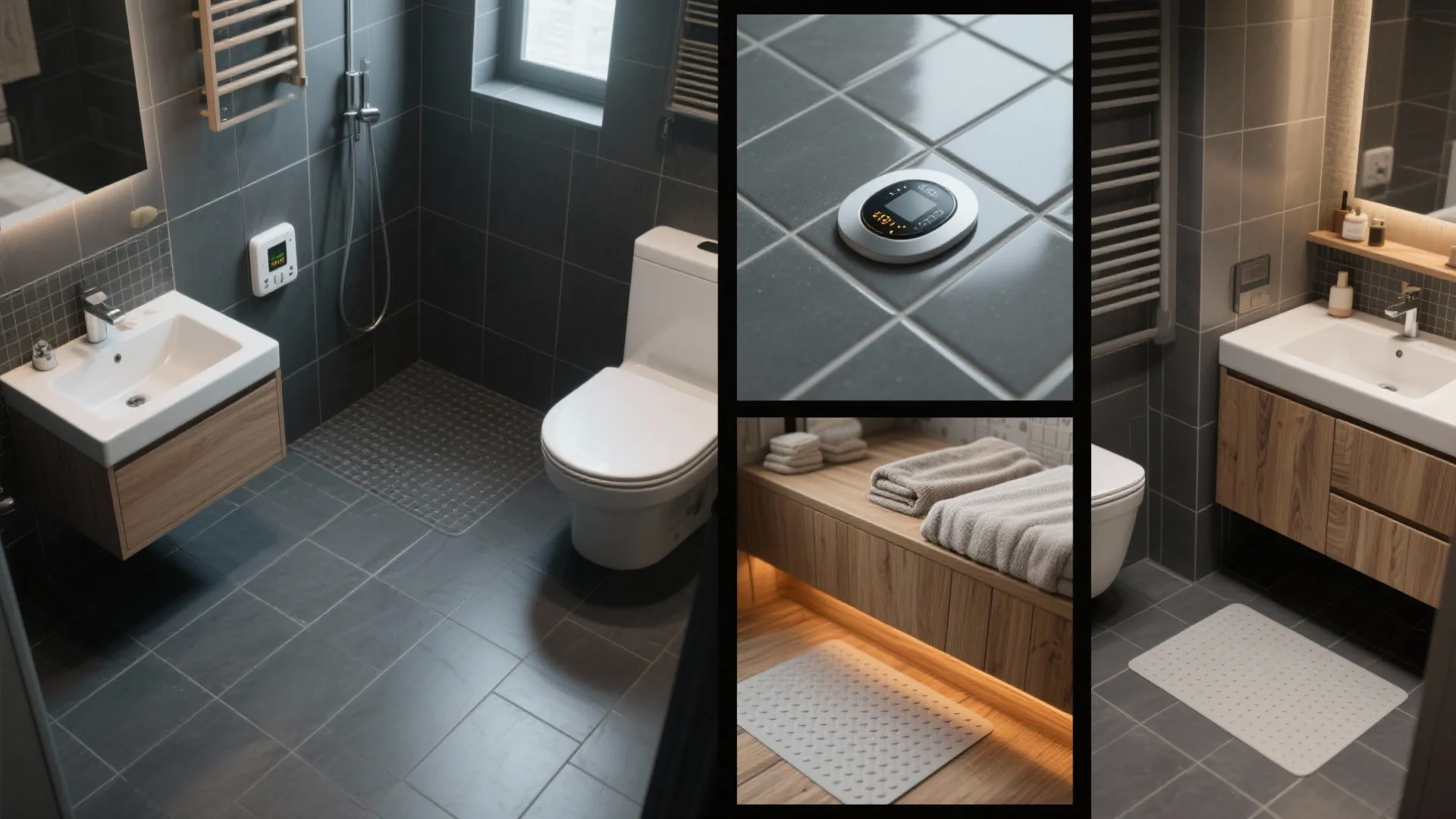 Collage showing heated floor thermostat, tile finish samples and safety texture for dark gray bathrooms.