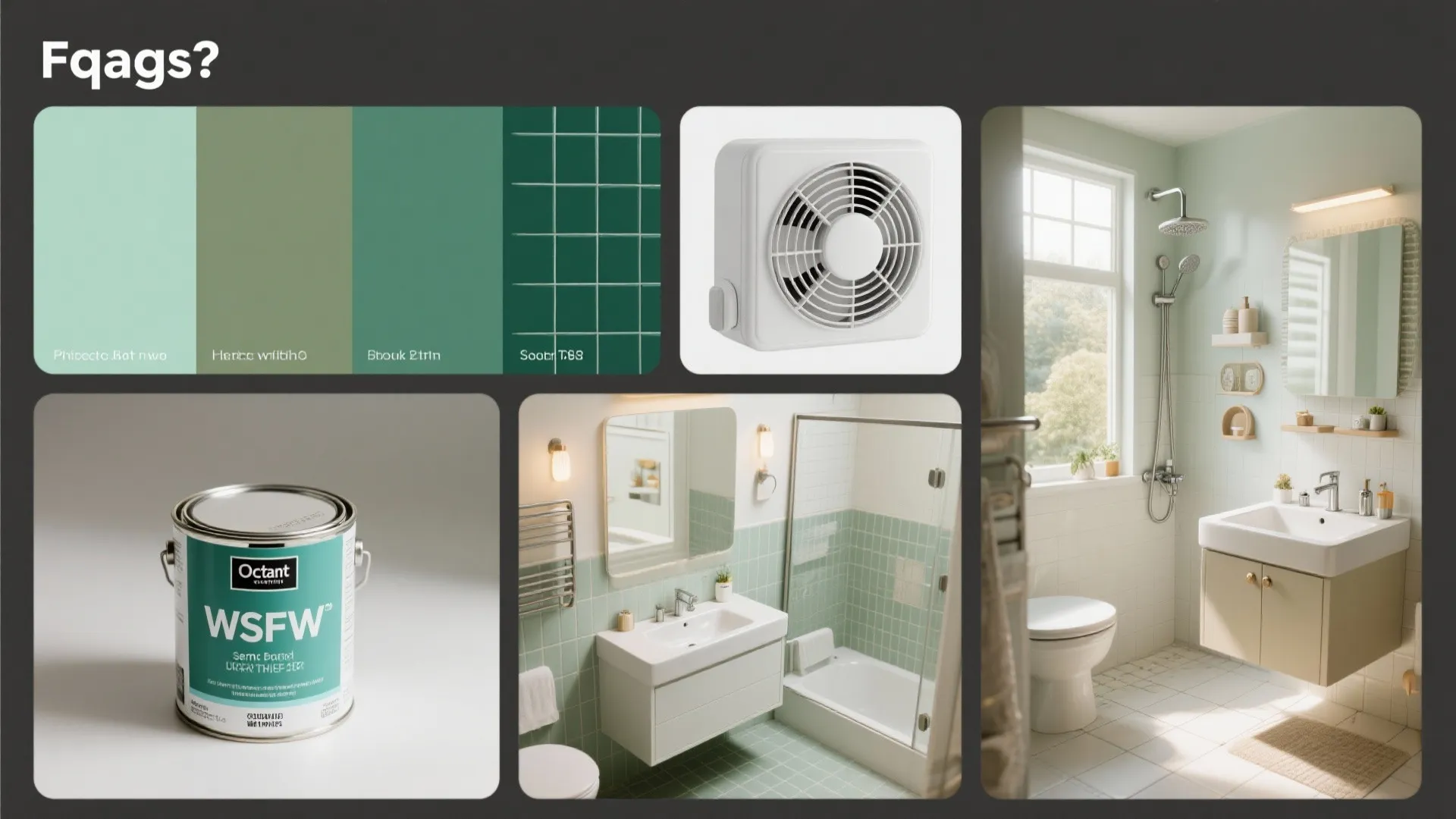 Collage of green-and-white bathroom swatches, grout samples, and small vignette scenarios