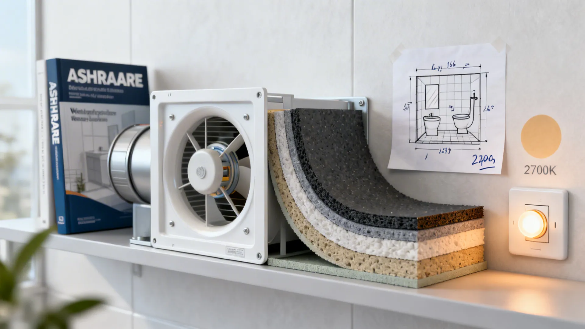 Informative image with extractor fan, waterproofing layers, floor plan and lighting examples for small bathrooms
