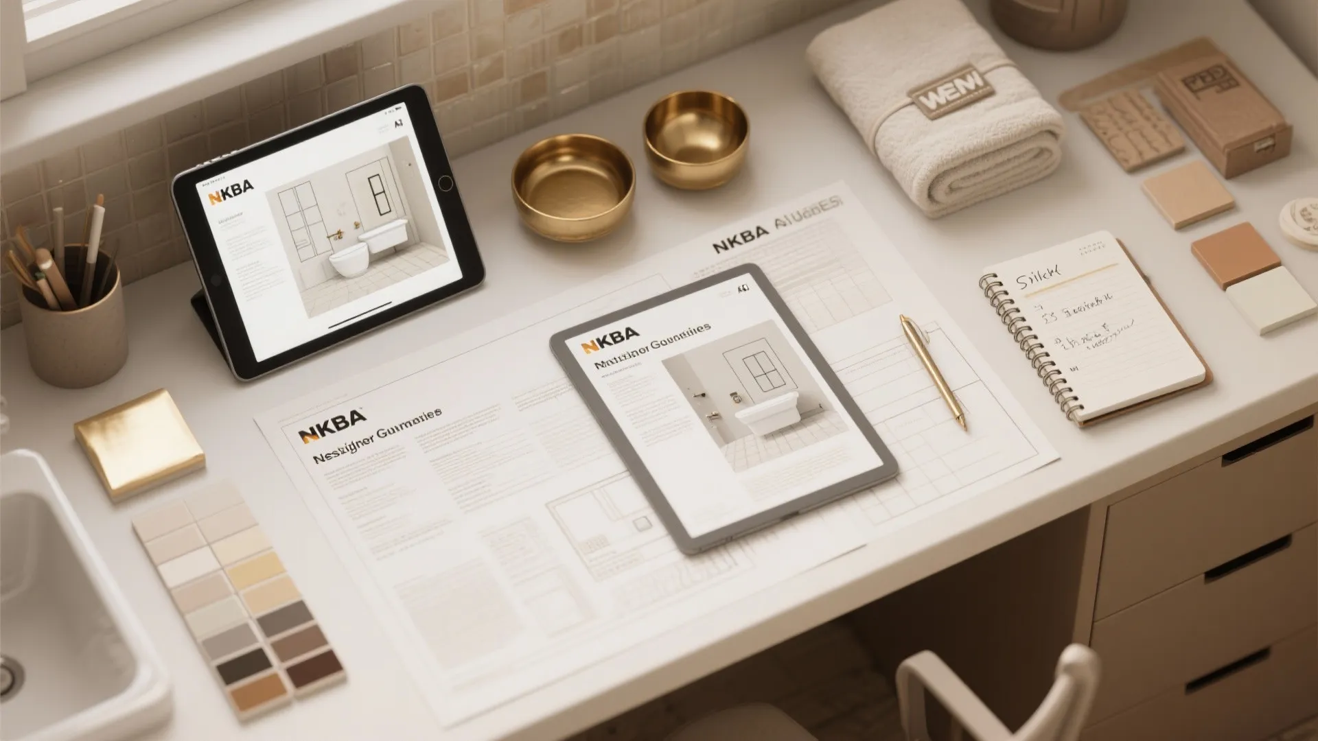 Desk with tablets displaying bathroom design layout, paper sketches, color samples, and various office supplies
