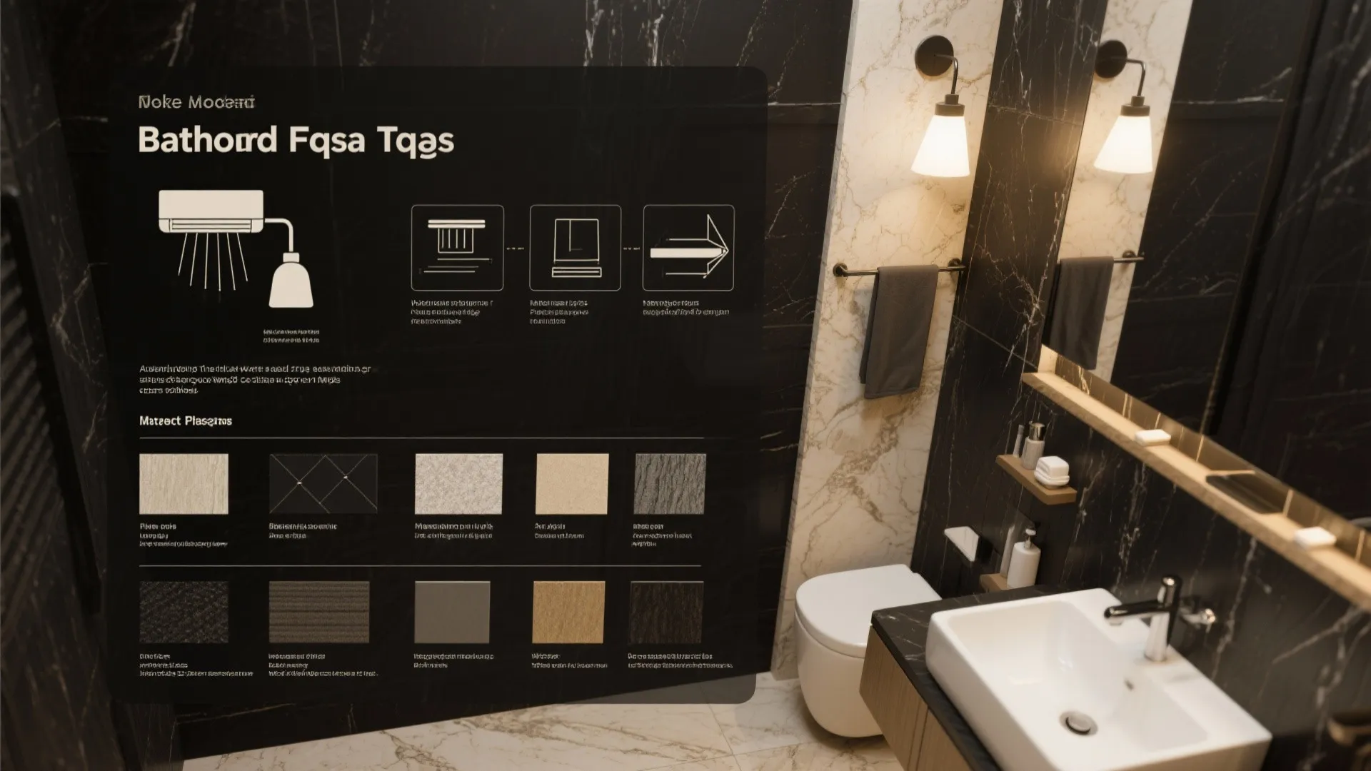 Bathroom design mood board showing material samples, wall light, white sink, and black marble wall tiles
