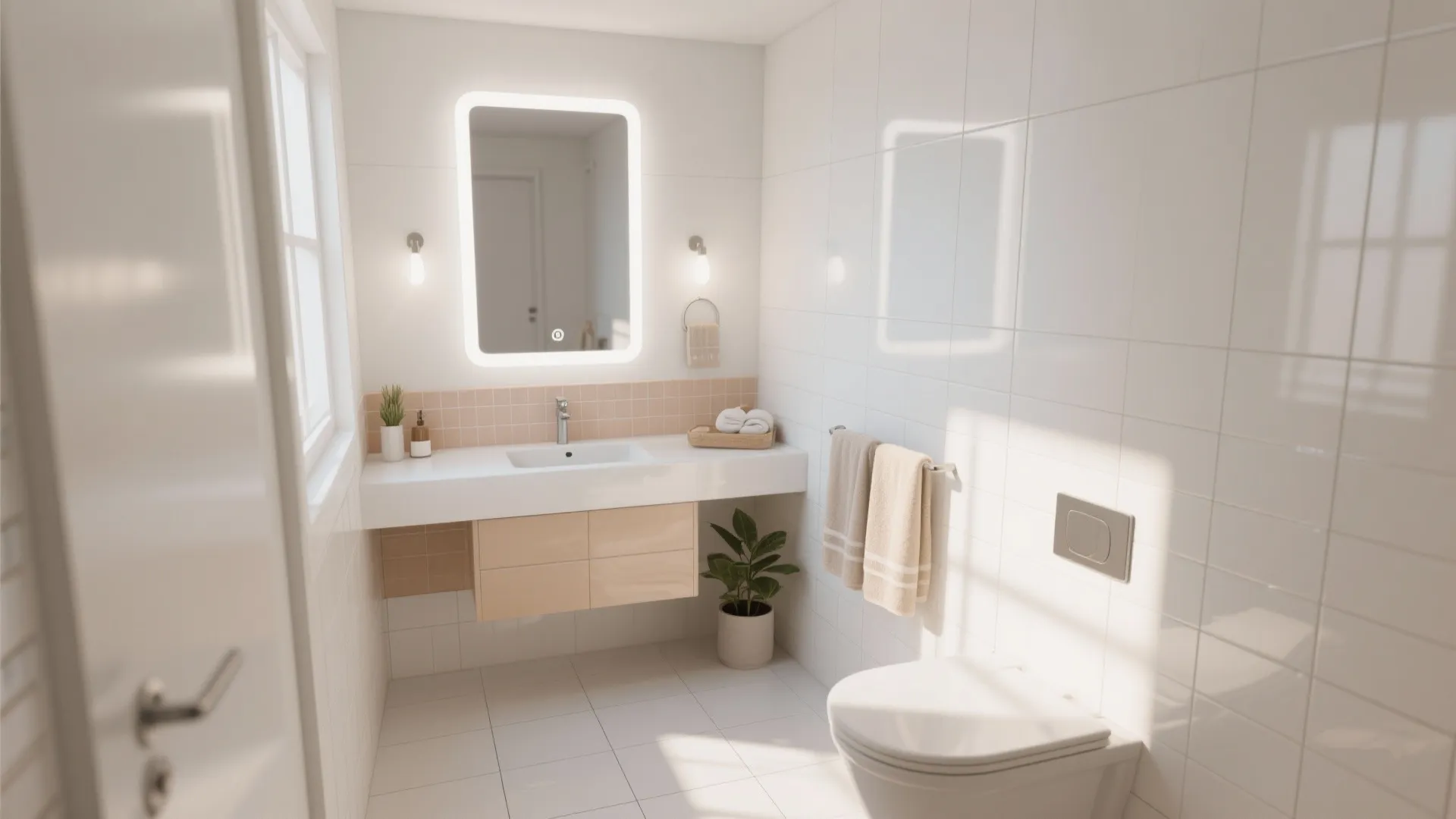 Overview of a small white bathroom demonstrating lighting, mirror placement, tile mix and accessories
