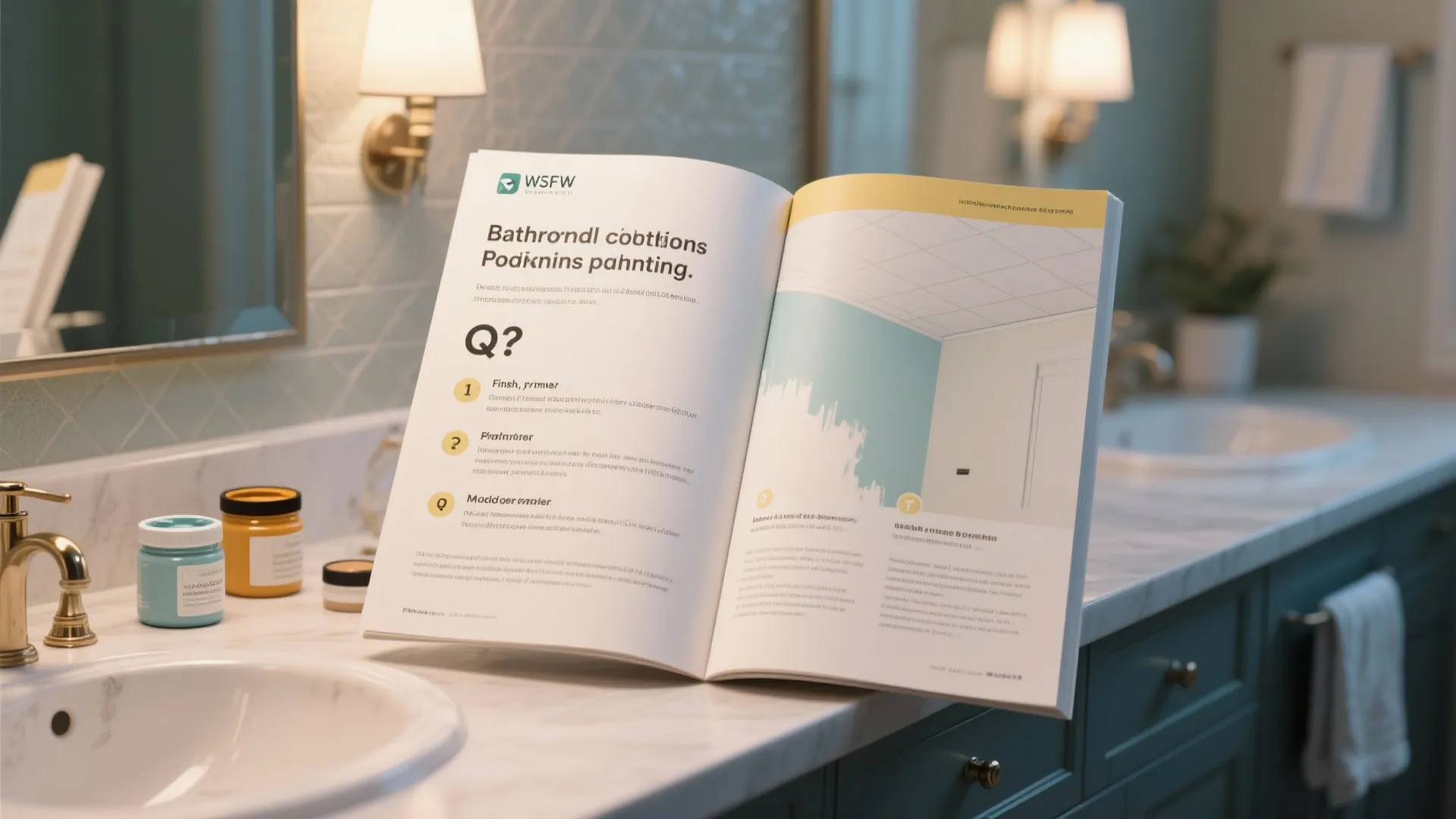 Open brochure about bathroom painting sitting on a marble counter next to two small jars