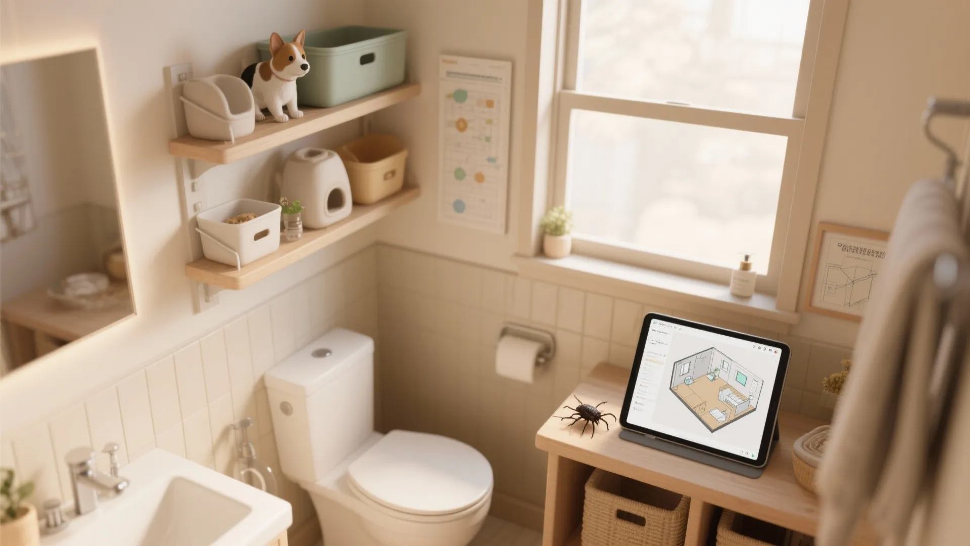 Coohom bathroom planner showing a 3D room layout on a tablet next to a toilet