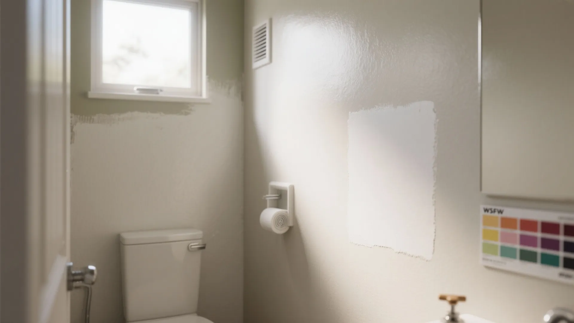 Small bathroom interior featuring a white toilet and paint color swatches on the side wall