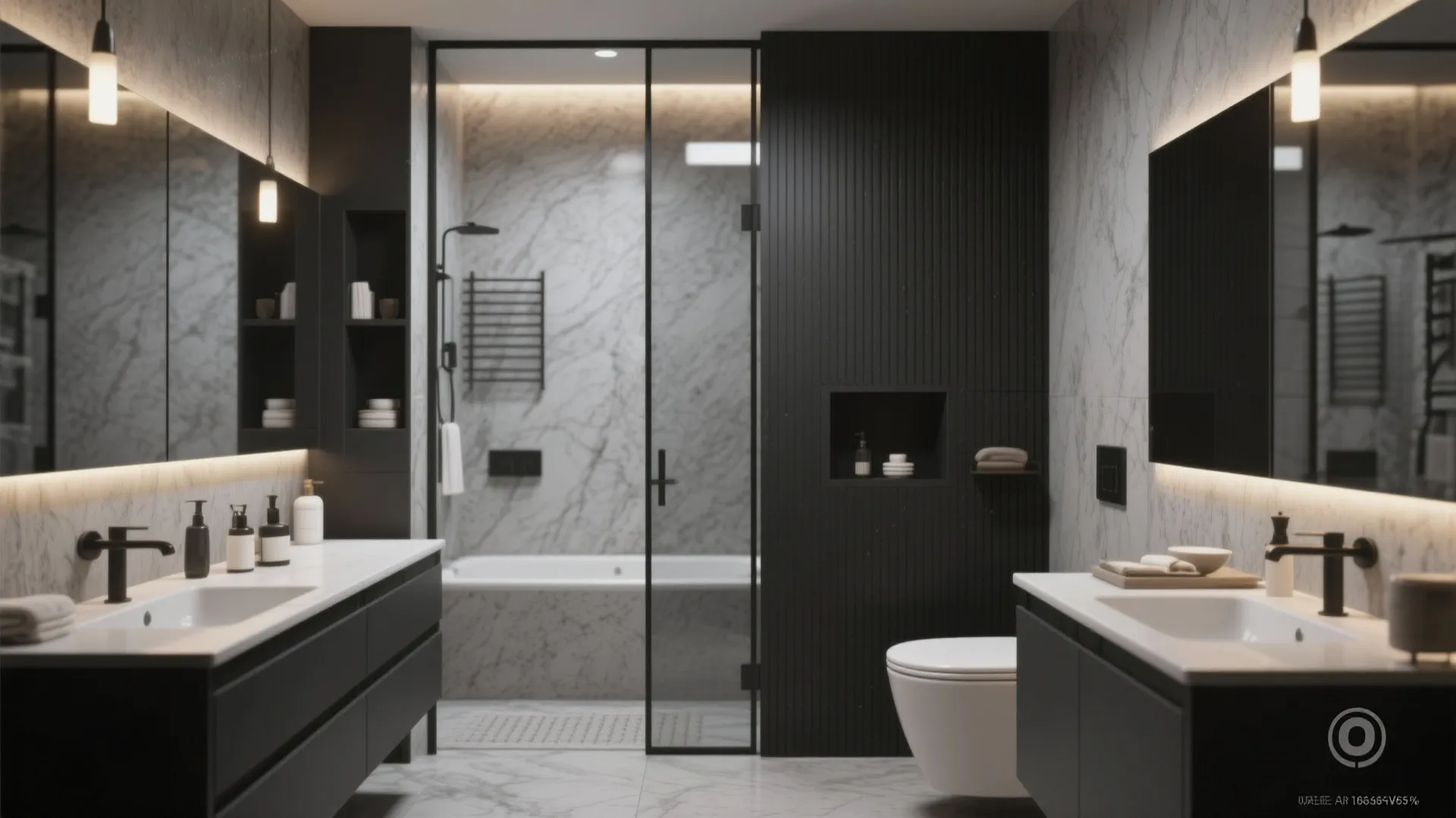 Modern bathroom featuring black cabinets double white sinks marble walls and a clear glass shower
