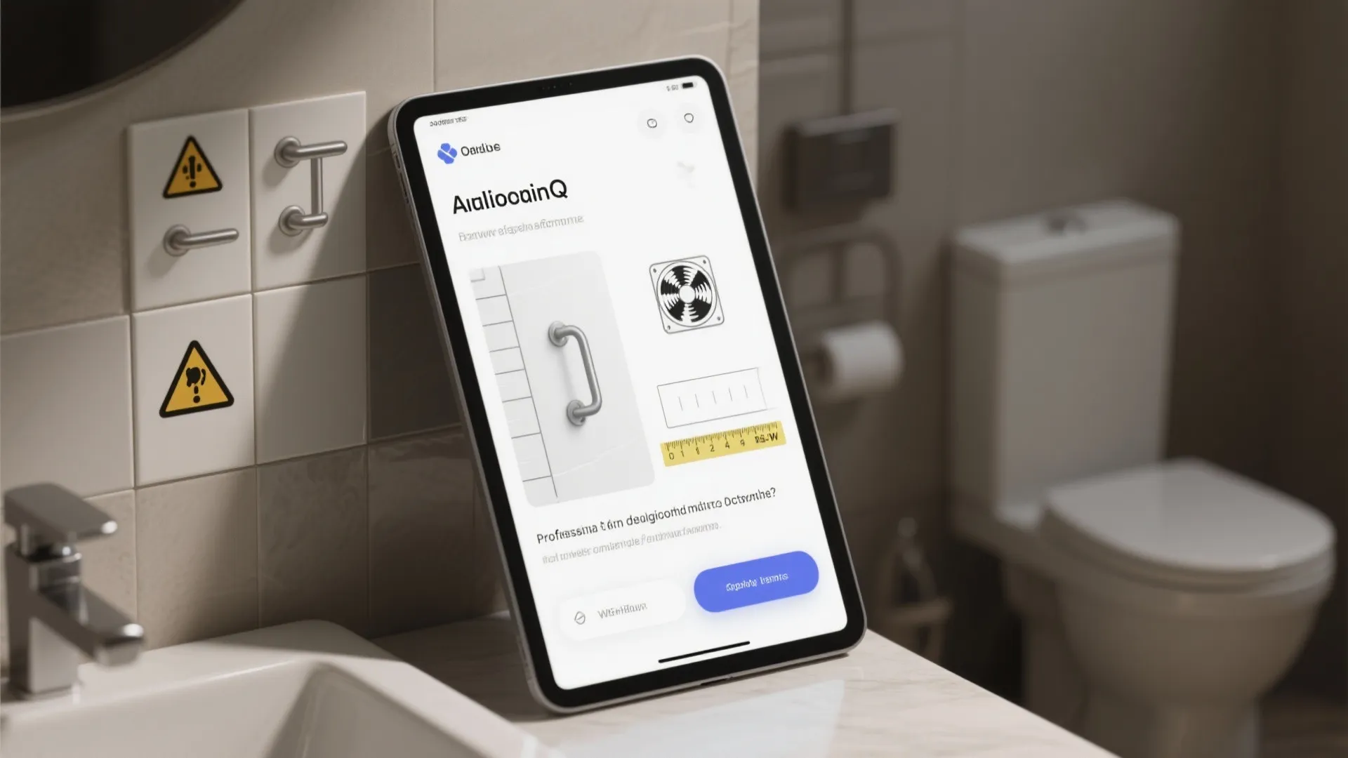 Tablet with FAQ and bathroom material samples showing ventilation and safety icons for tubs in small bathrooms.