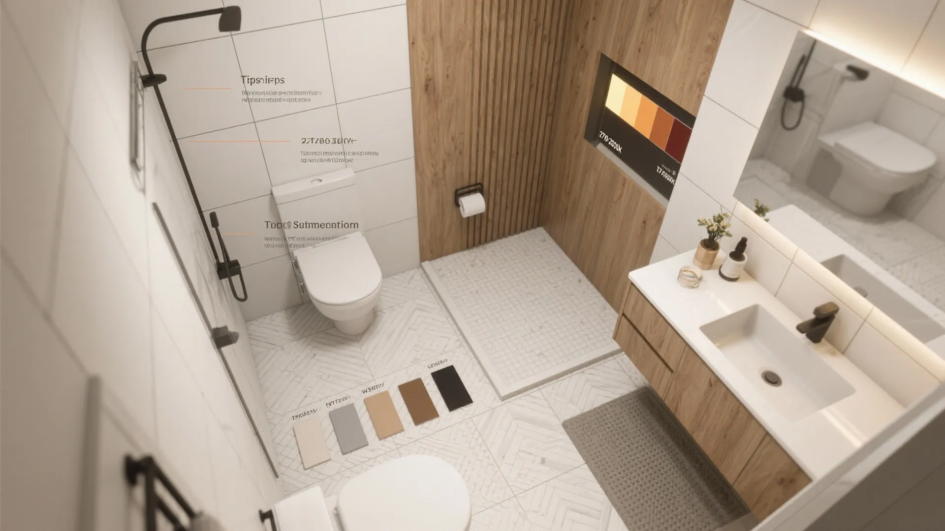 Small bathroom layout design showing white toilet wooden wall panel sink and shower with color palette