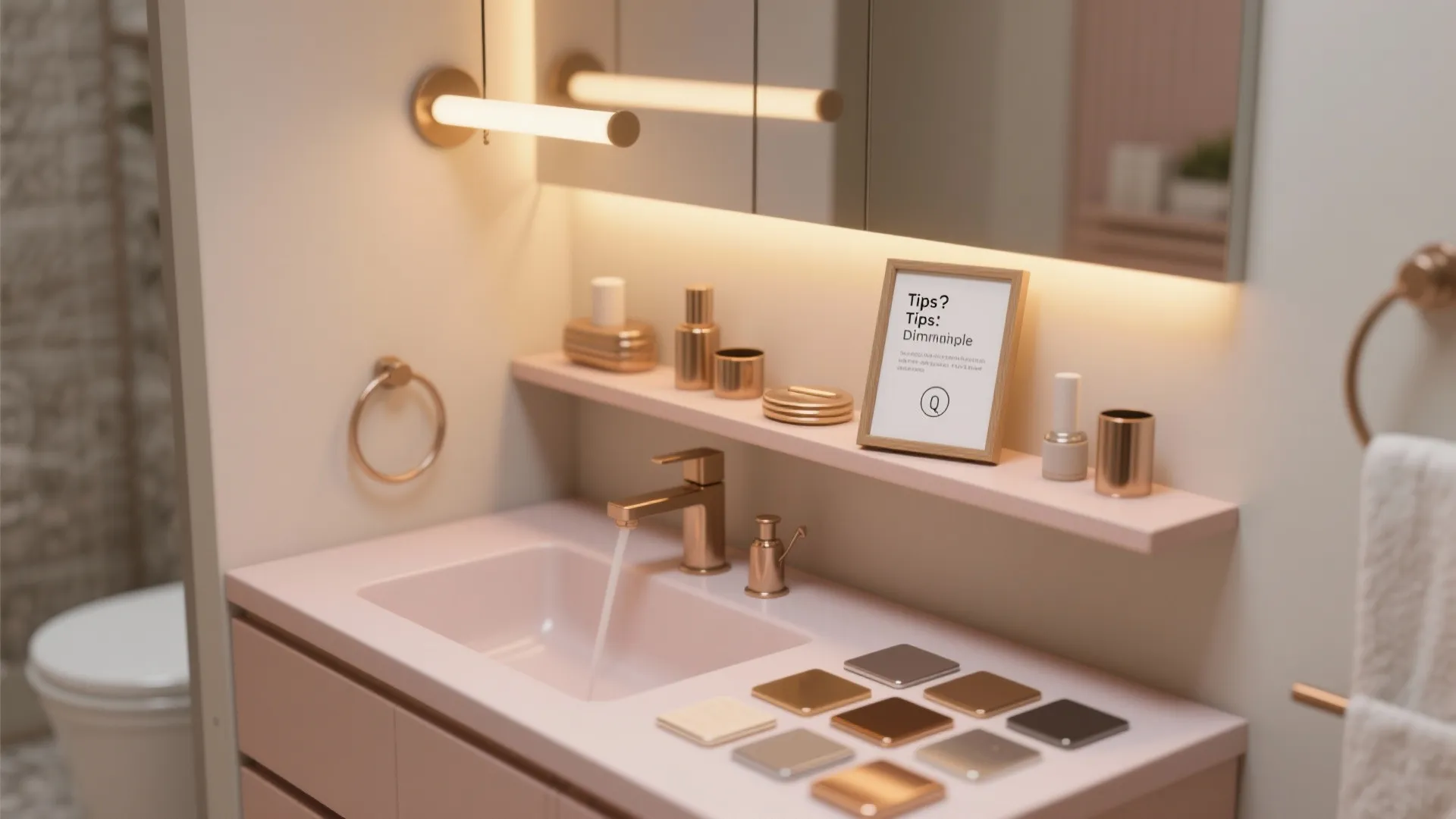 Pink bathroom counter with gold faucet mirror light wall shelf and metal finish material color samples