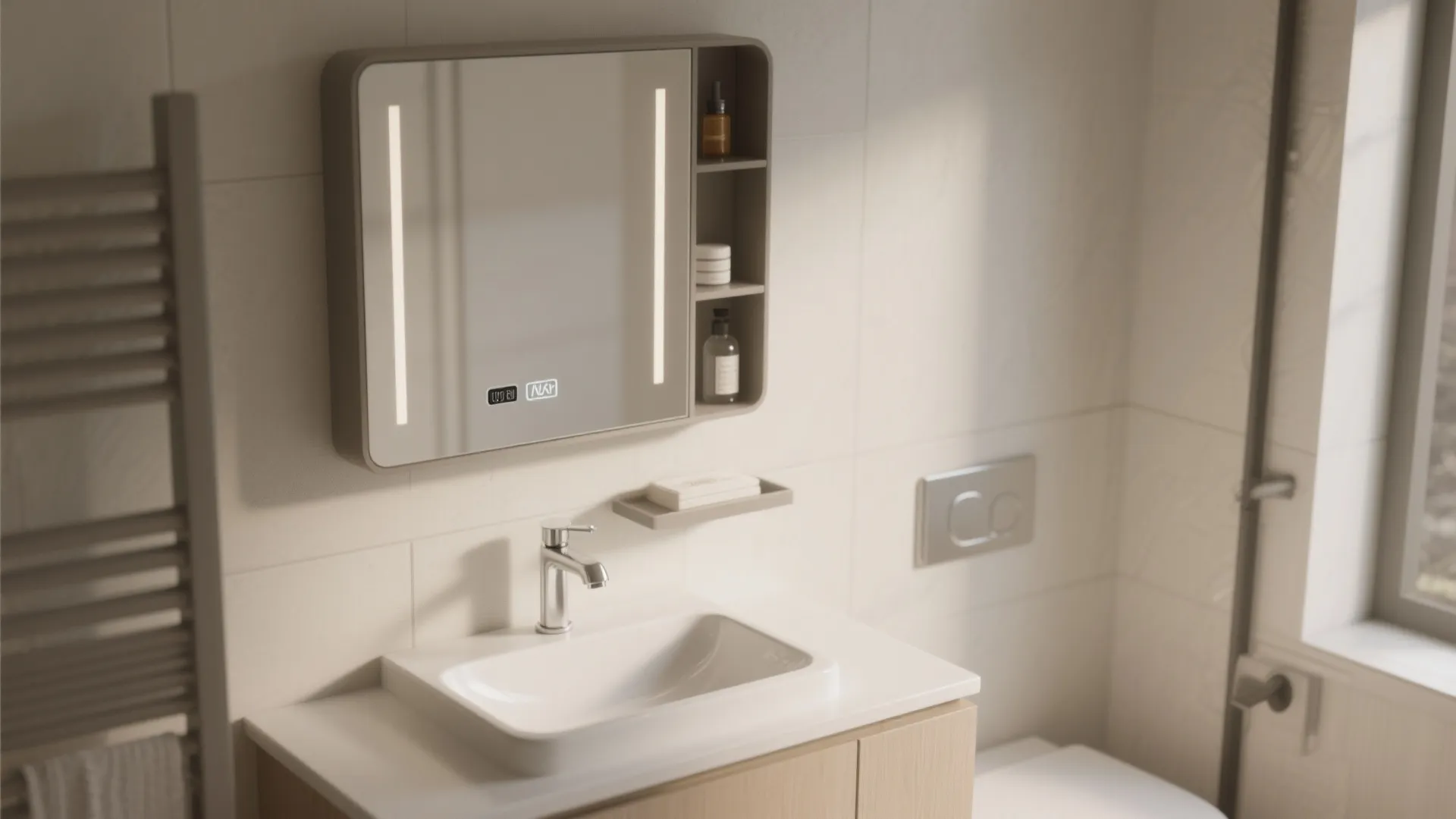 Modern bathroom interior design with lighted mirror over white sink and wooden cabinet and faucet