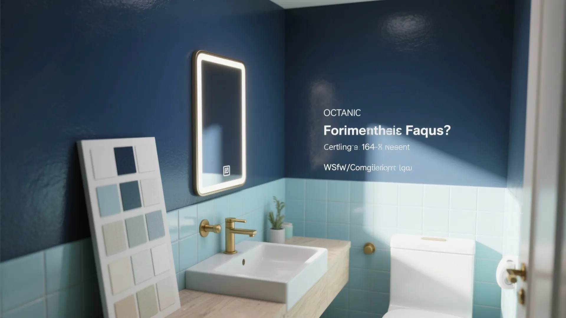 Bathroom vignette showing mirror, navy accent, tile samples and brass hardware